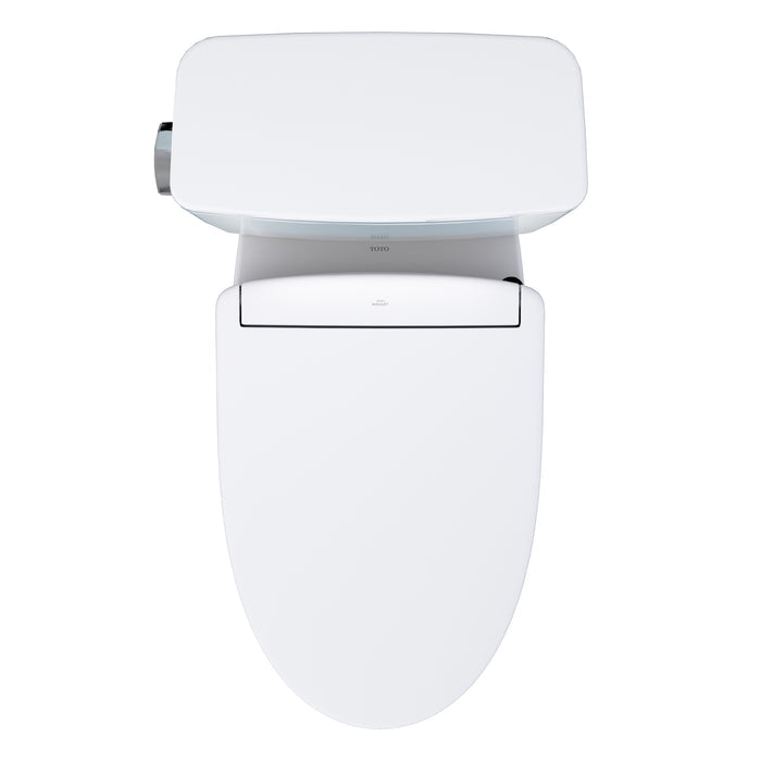 White elongated toilet with integrated bidet seat and gray control panel on left side.