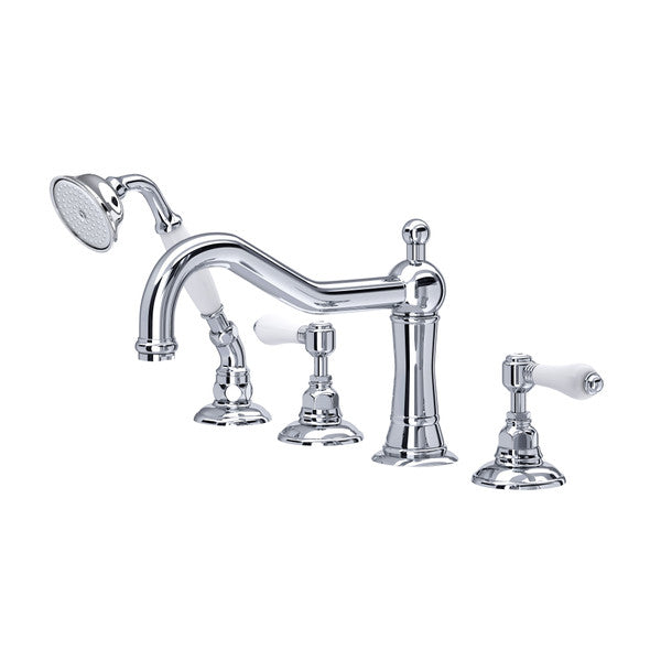 Polished chrome deck mount tub filler with curved spout, handheld showerhead, and four control handles.