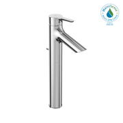Polished chrome single-handle bathroom sink faucet with tall cylindrical body and angled spout.