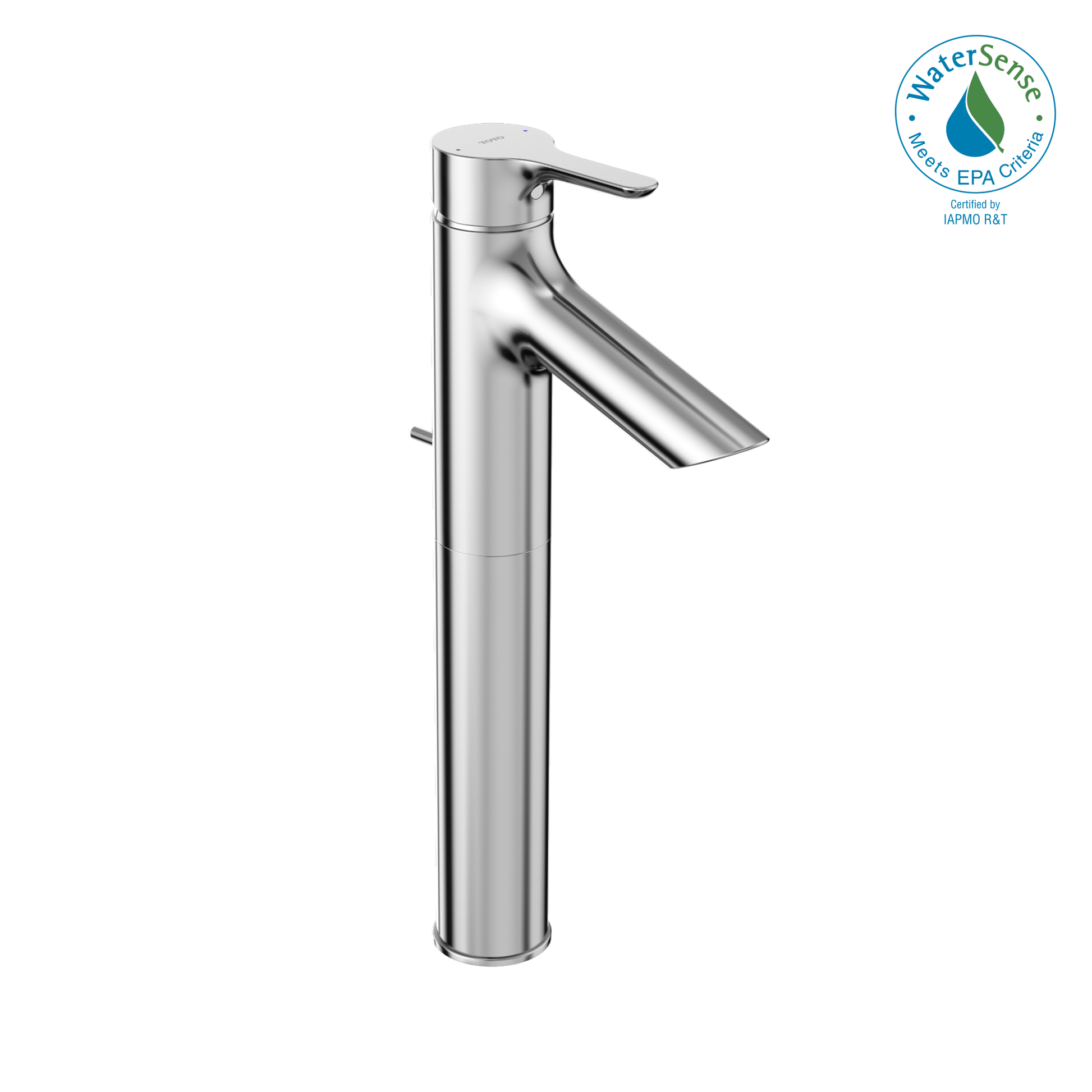Polished chrome single-handle bathroom sink faucet with tall cylindrical body and angled spout.