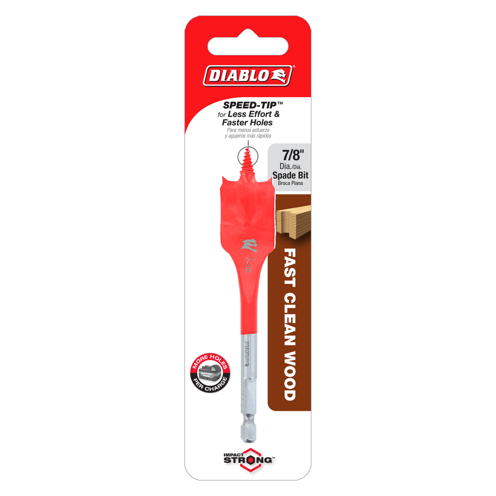 Diablo 7/8 inch red spade bit with gray hex shank on packaging card.