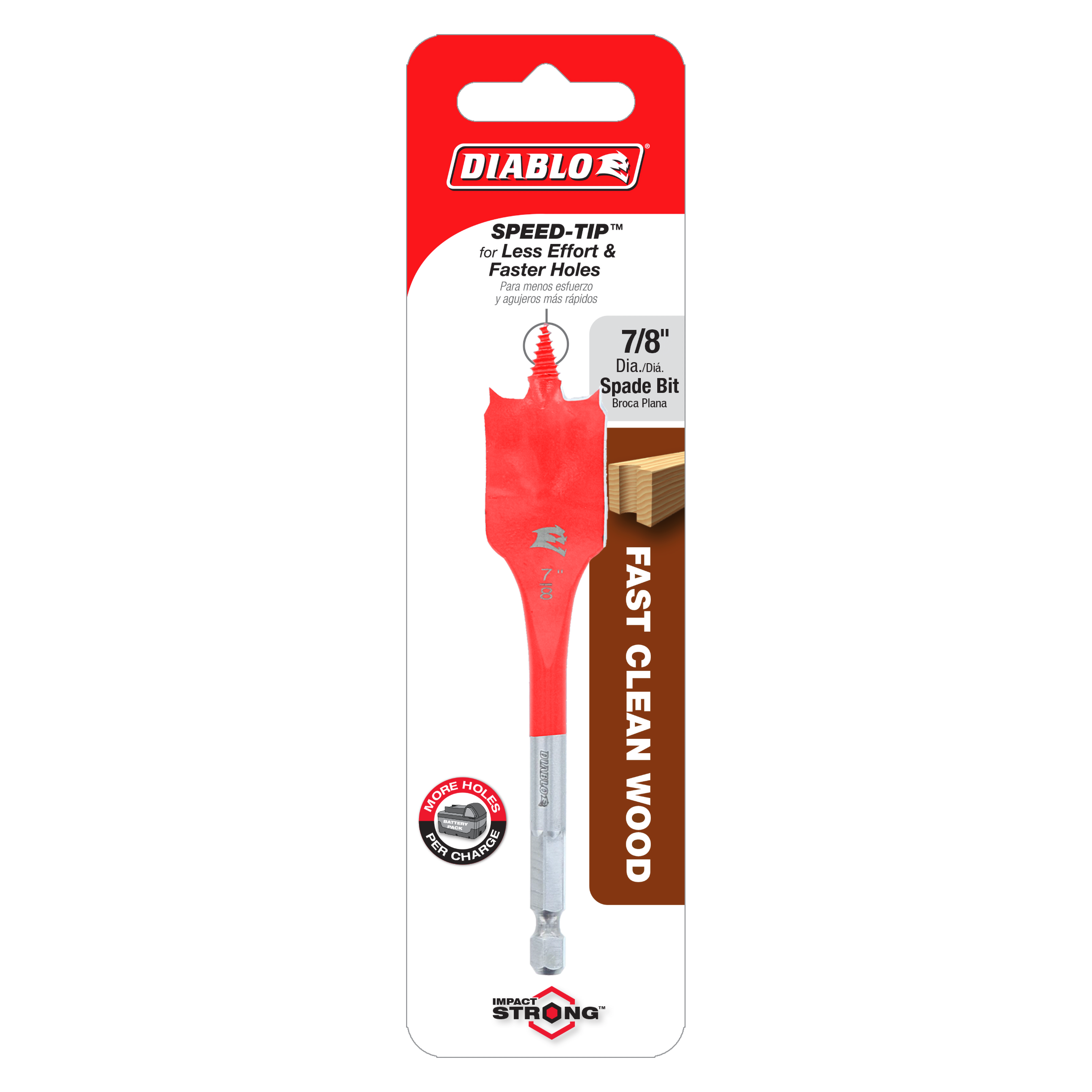 Diablo 7/8 inch red spade bit with gray hex shank on packaging card.