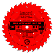 Red circular saw blade with 30 teeth, thin kerf, 10-inch diameter, 5/8-inch arbor, labeled "Freud Industrial."