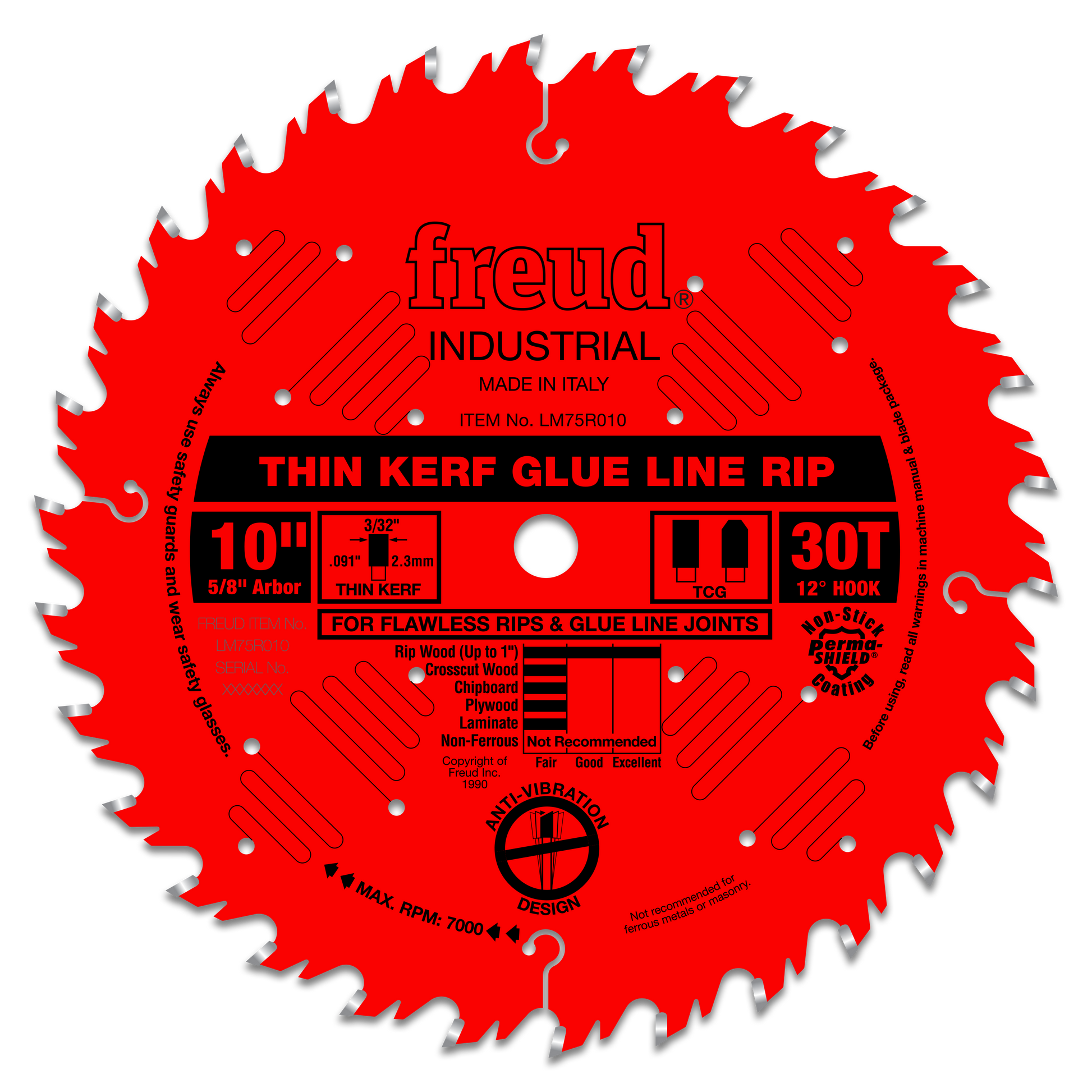 Red circular saw blade with 30 teeth, thin kerf, 10-inch diameter, 5/8-inch arbor, labeled "Freud Industrial."