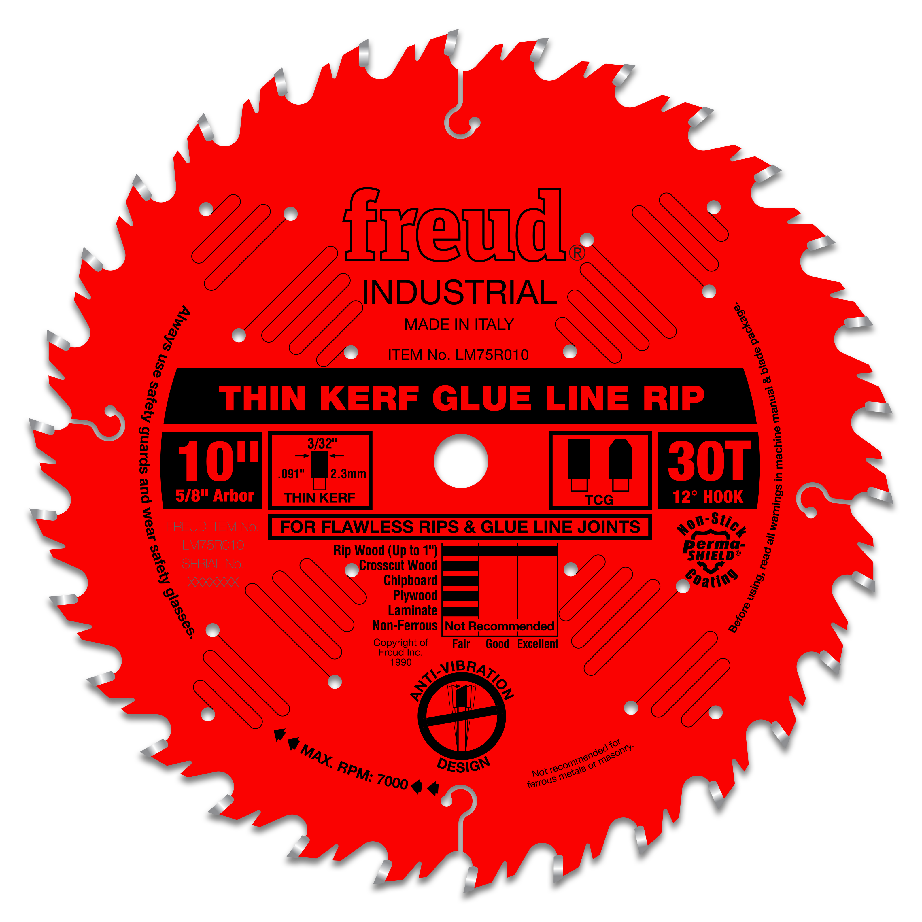Red circular saw blade with 30 teeth, thin kerf, 10-inch diameter, 5/8-inch arbor, labeled "Freud Industrial."