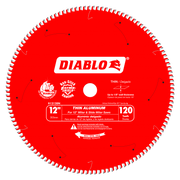 Red circular saw blade with white tooth edge and center arbor hole, labeled Diablo D12120N for thin aluminum cutting.