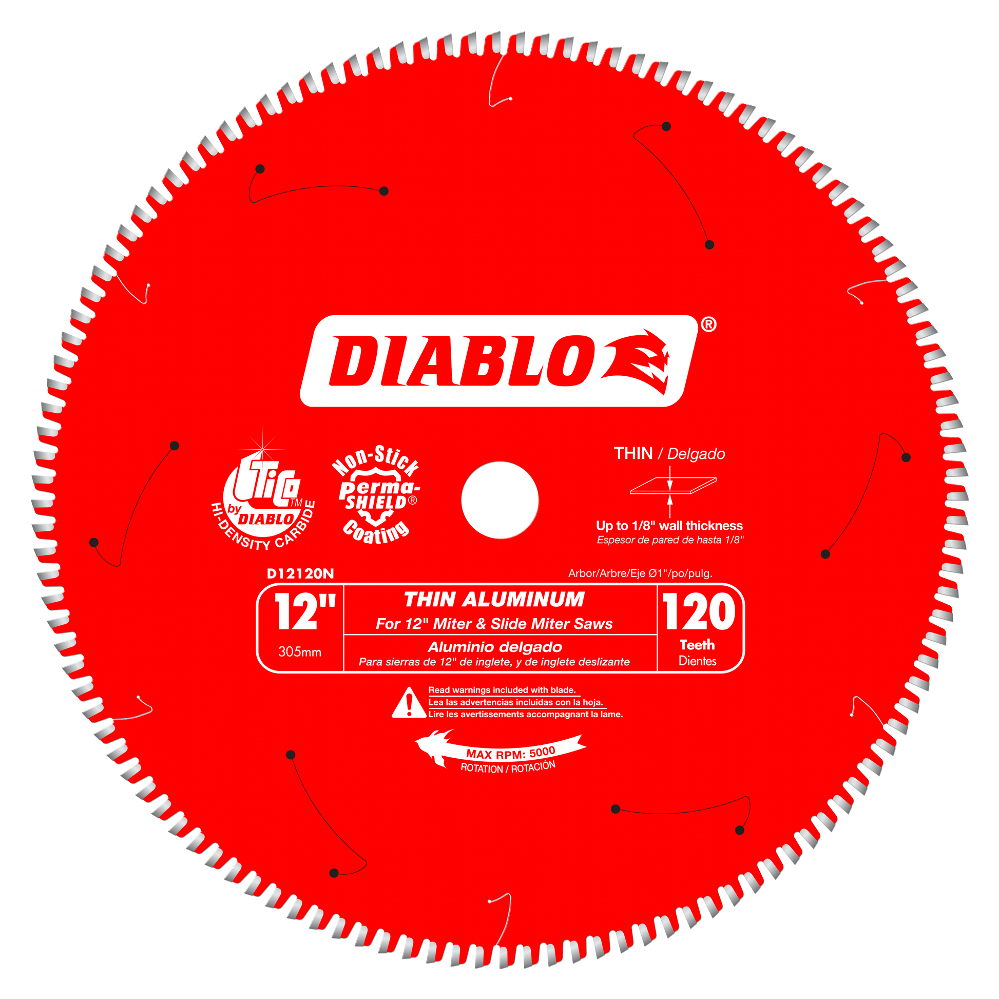 Red circular saw blade with white tooth edge and center arbor hole, labeled Diablo D12120N for thin aluminum cutting.