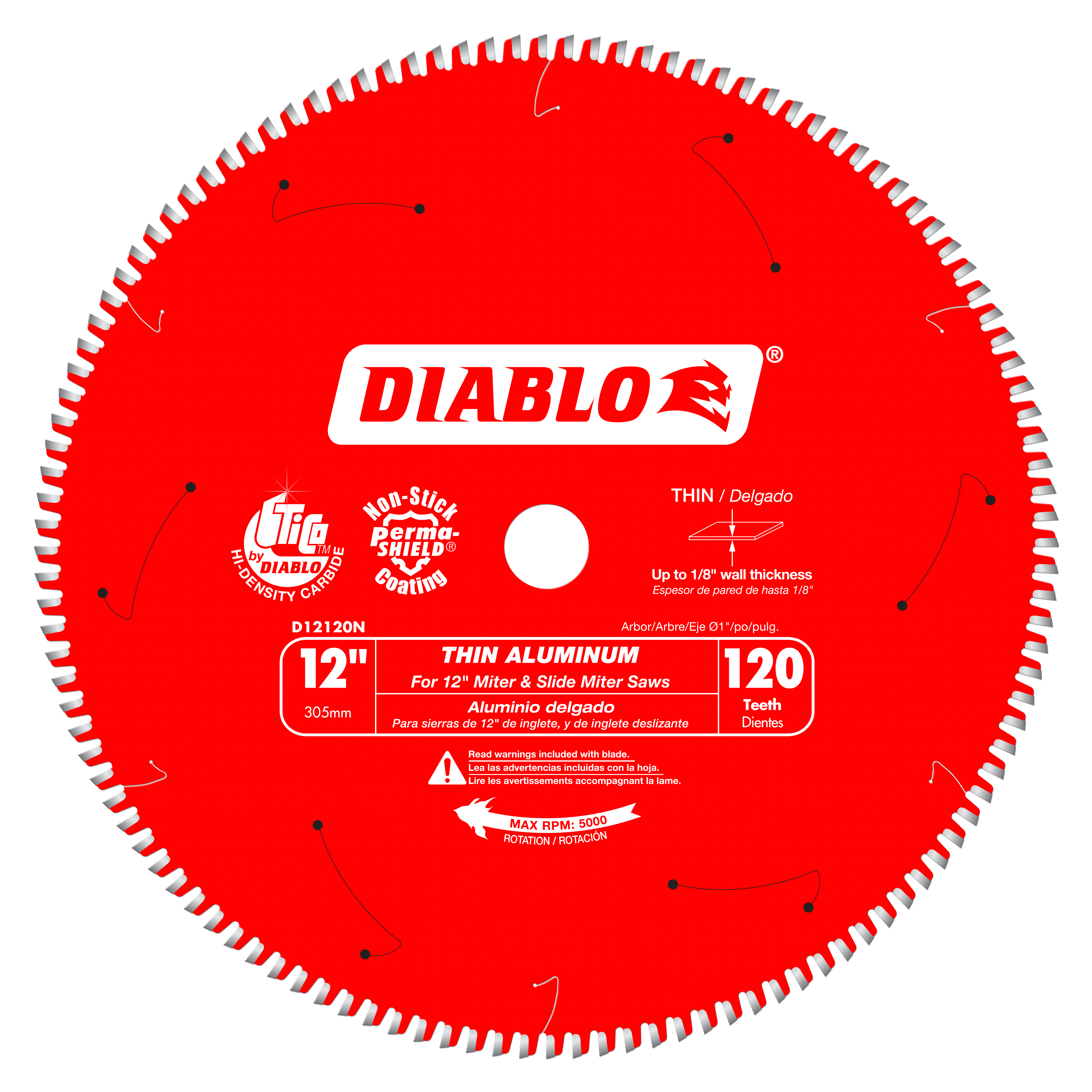 Red circular saw blade with white tooth edge and center arbor hole, labeled Diablo D12120N for thin aluminum cutting.