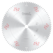 Freud 14" circular saw blade with carbide teeth and center arbor hole marked with red and white symbols.