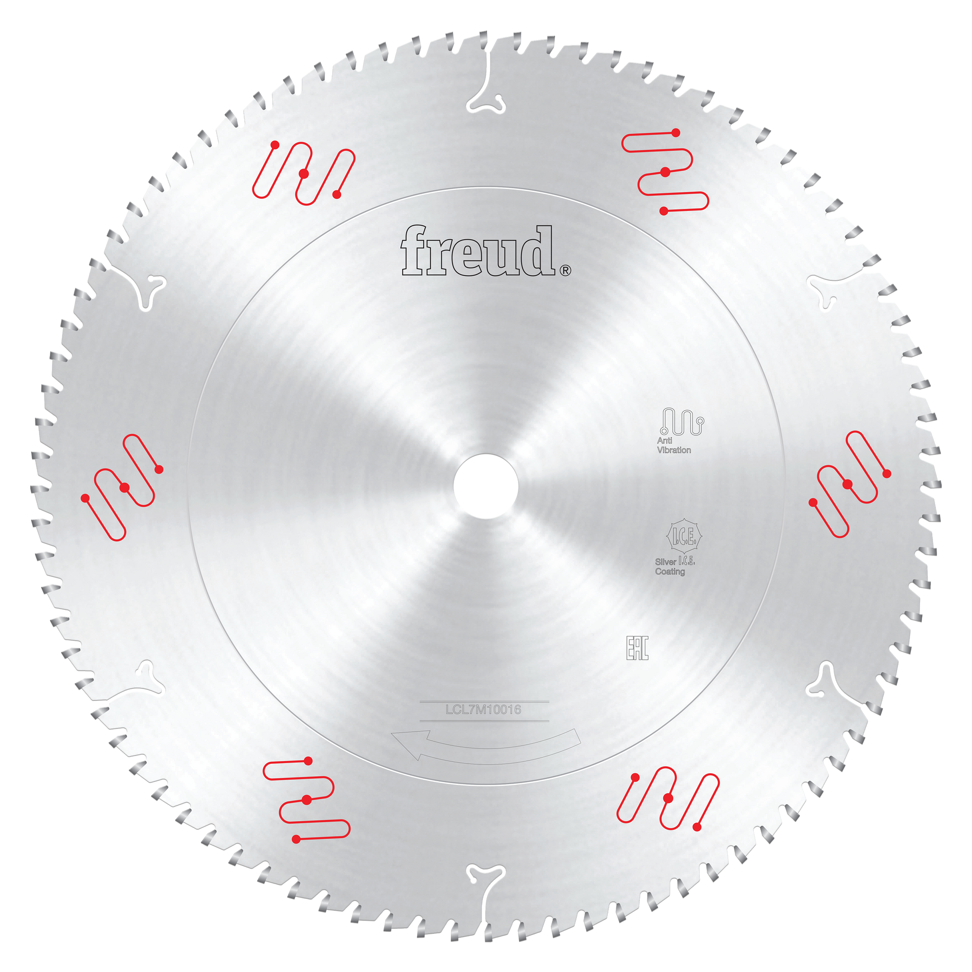 Freud 14" circular saw blade with carbide teeth and center arbor hole marked with red and white symbols.