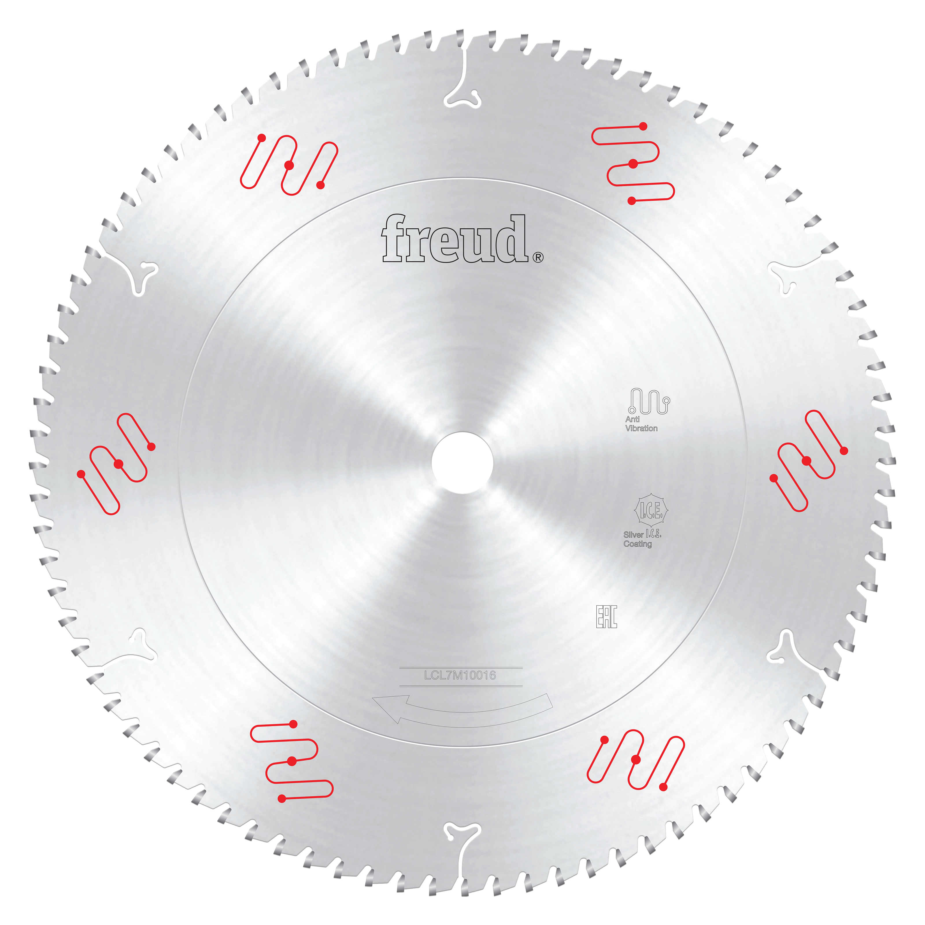 Freud 14" circular saw blade with carbide teeth and center arbor hole marked with red and white symbols.