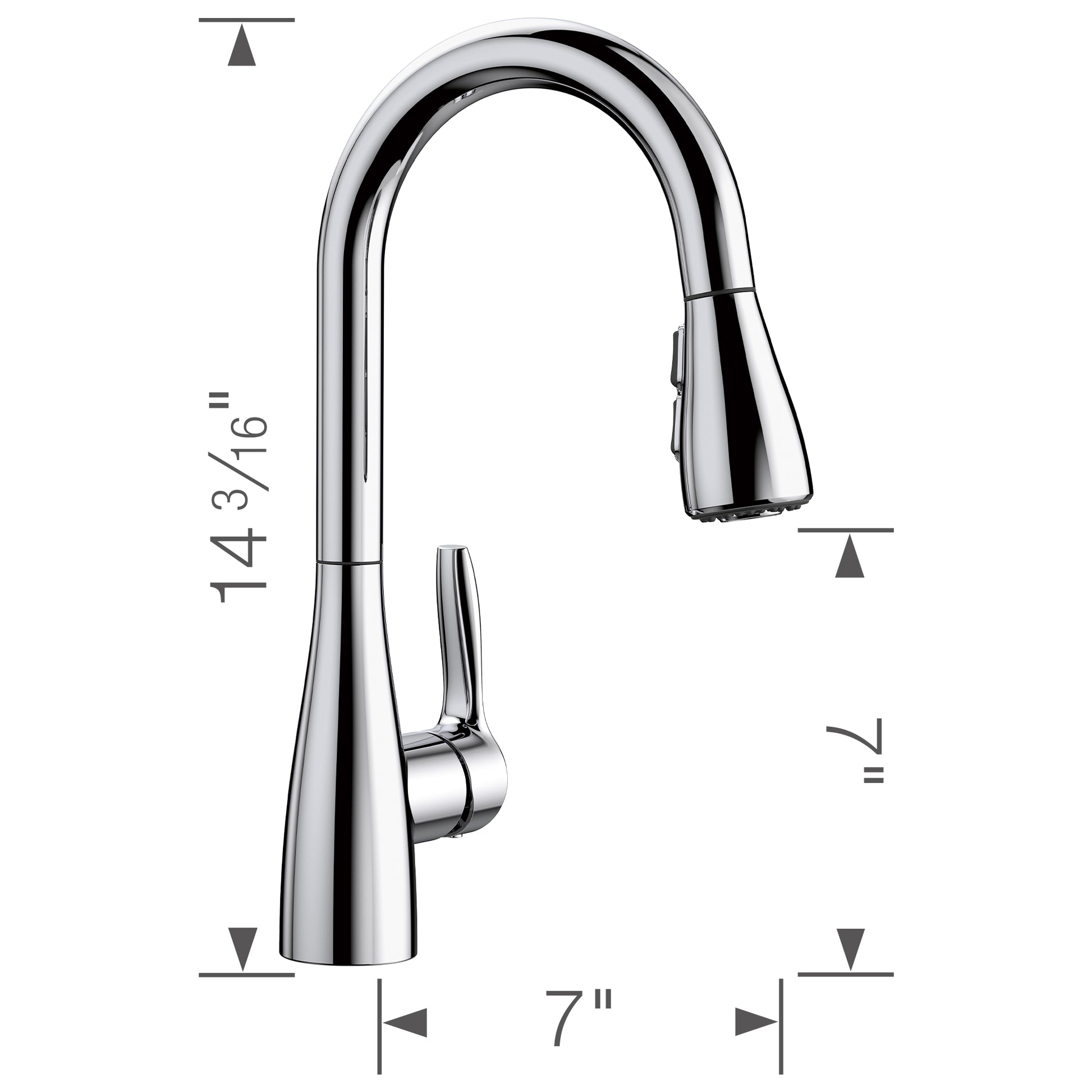 Chrome bar faucet with tall tapered spout, pull-down spray head, and single lever handle shown with dimension measurements.