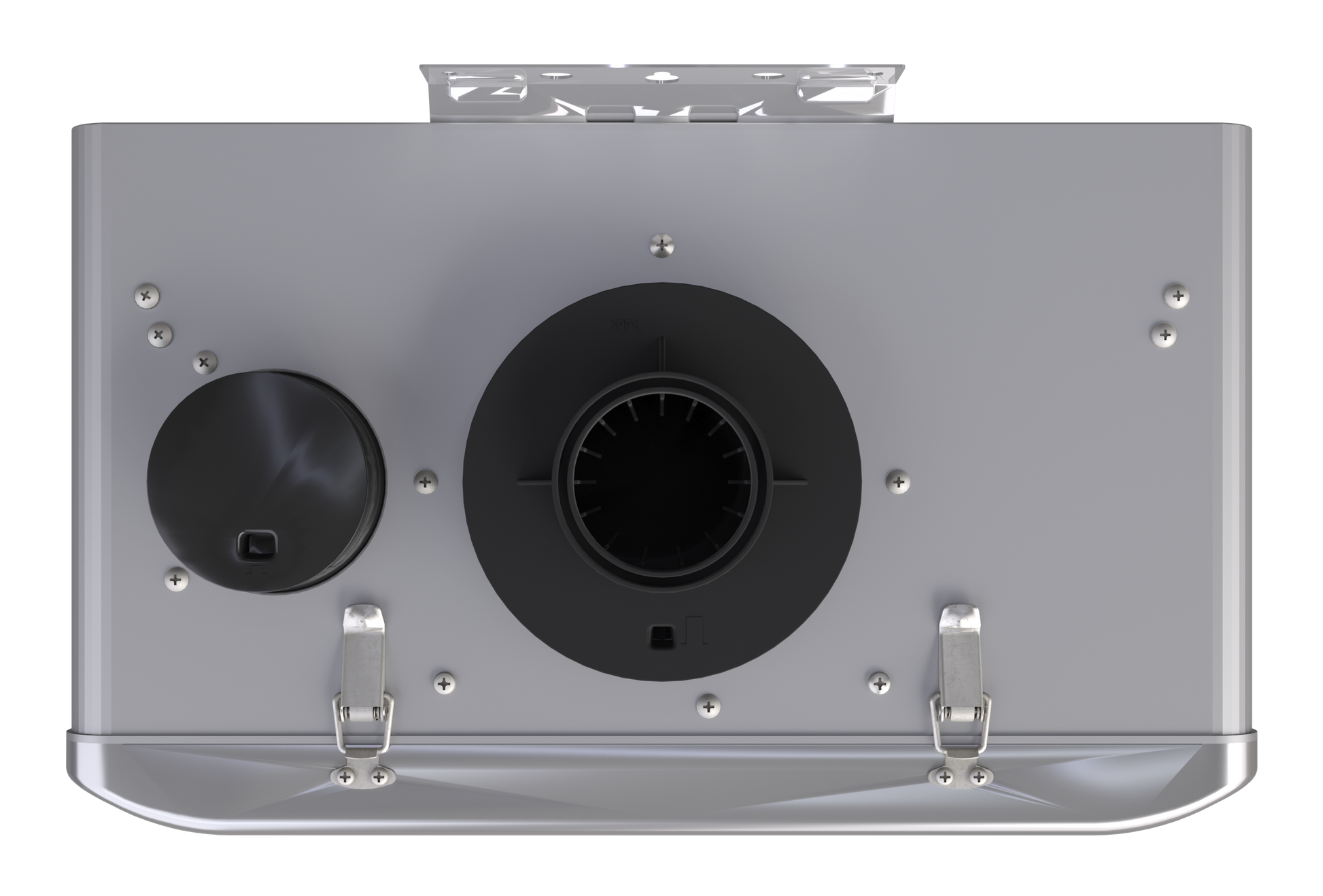 Gray metal boiler unit with two black circular vents and mounting brackets on front panel.