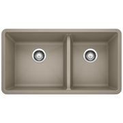 Truffle-colored undermount kitchen sink with two equal bowls and chrome drain strainers, rounded corners, 33 inches wide.