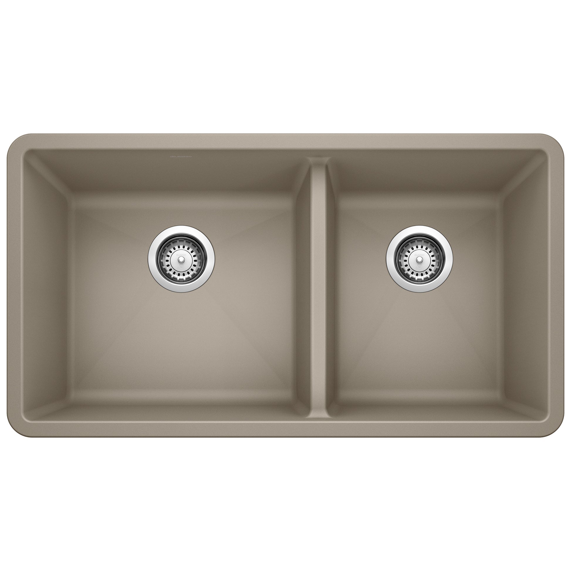 Truffle-colored undermount kitchen sink with two equal bowls and chrome drain strainers, rounded corners, 33 inches wide.