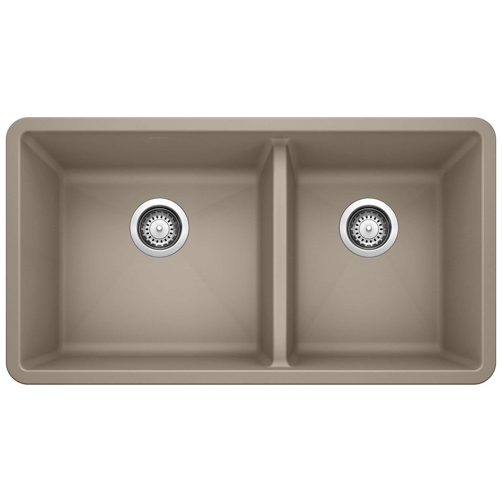 Truffle-colored undermount kitchen sink with two equal bowls and chrome drain strainers, rounded corners, 33 inches wide.