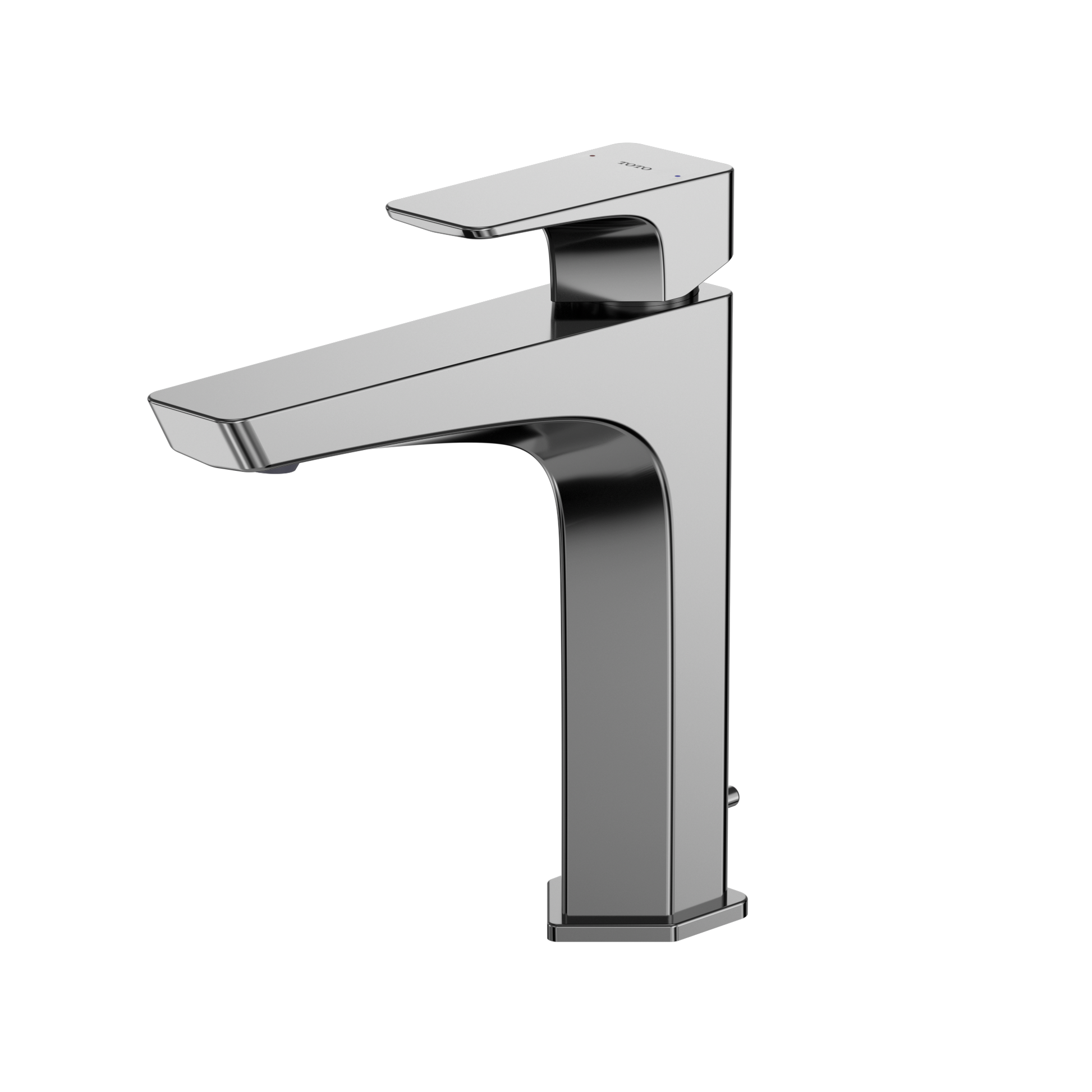 Polished chrome single-handle bathroom sink faucet with curved spout and rectangular base in tall vessel style.