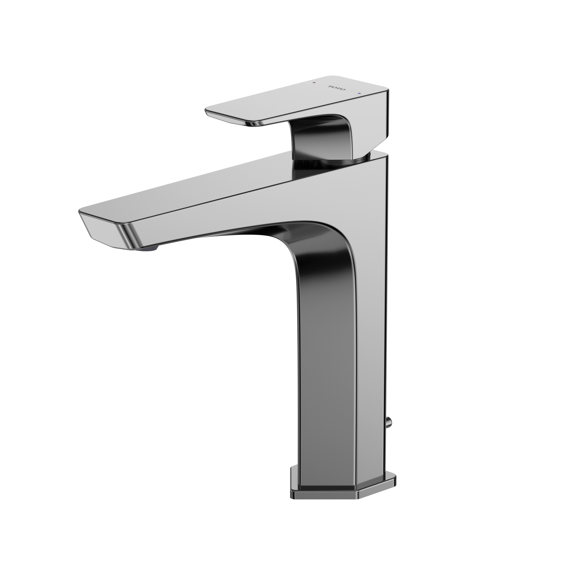 Polished chrome single-handle bathroom sink faucet with curved spout and rectangular base in tall vessel style.