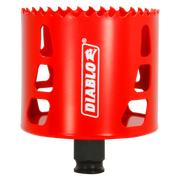 Red hole saw with serrated cutting edge and Diablo branding on cylindrical body with black shank attachment.