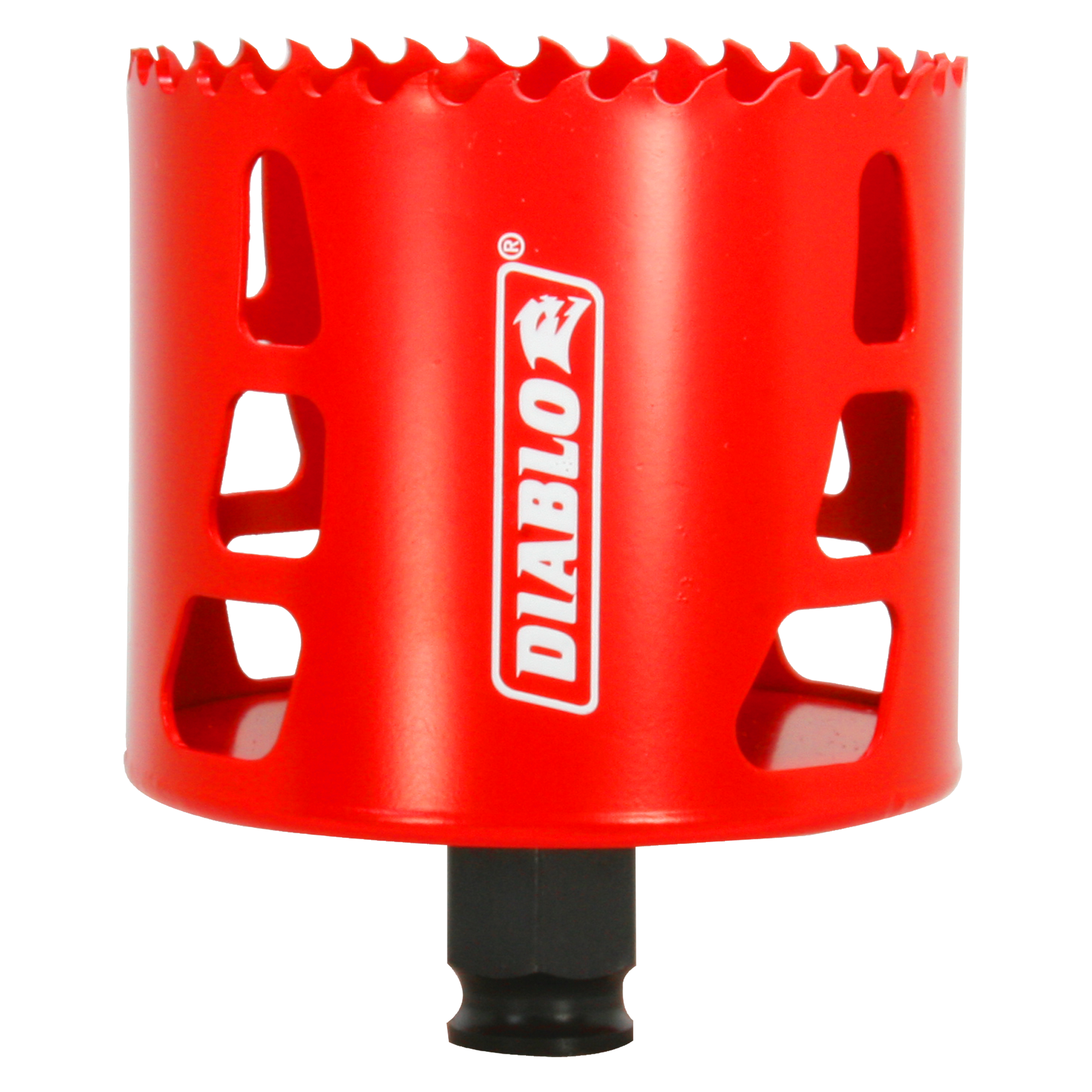 Red hole saw with serrated cutting edge and Diablo branding on cylindrical body with black shank attachment.