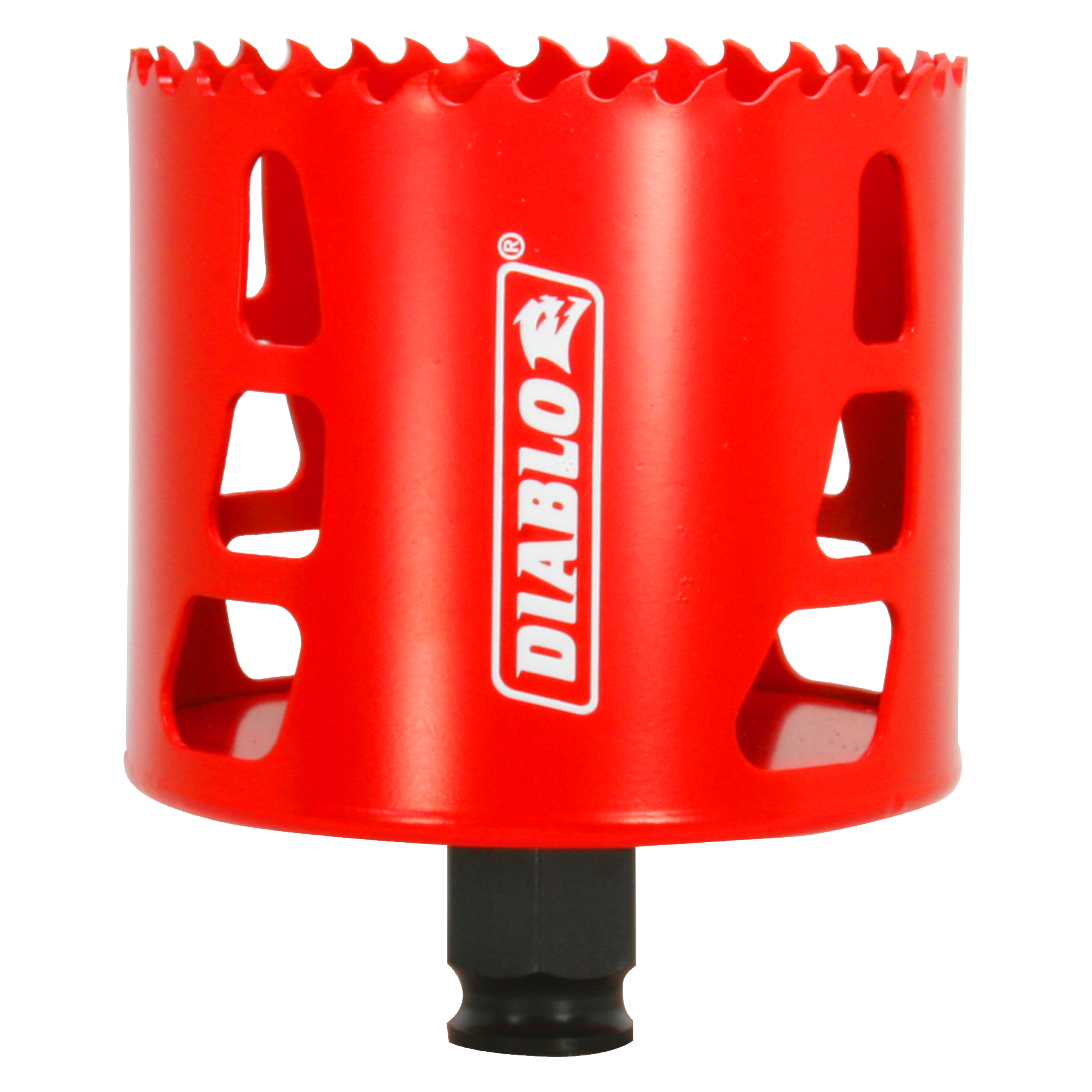 Red hole saw with serrated cutting edge and Diablo branding on cylindrical body with black shank attachment.