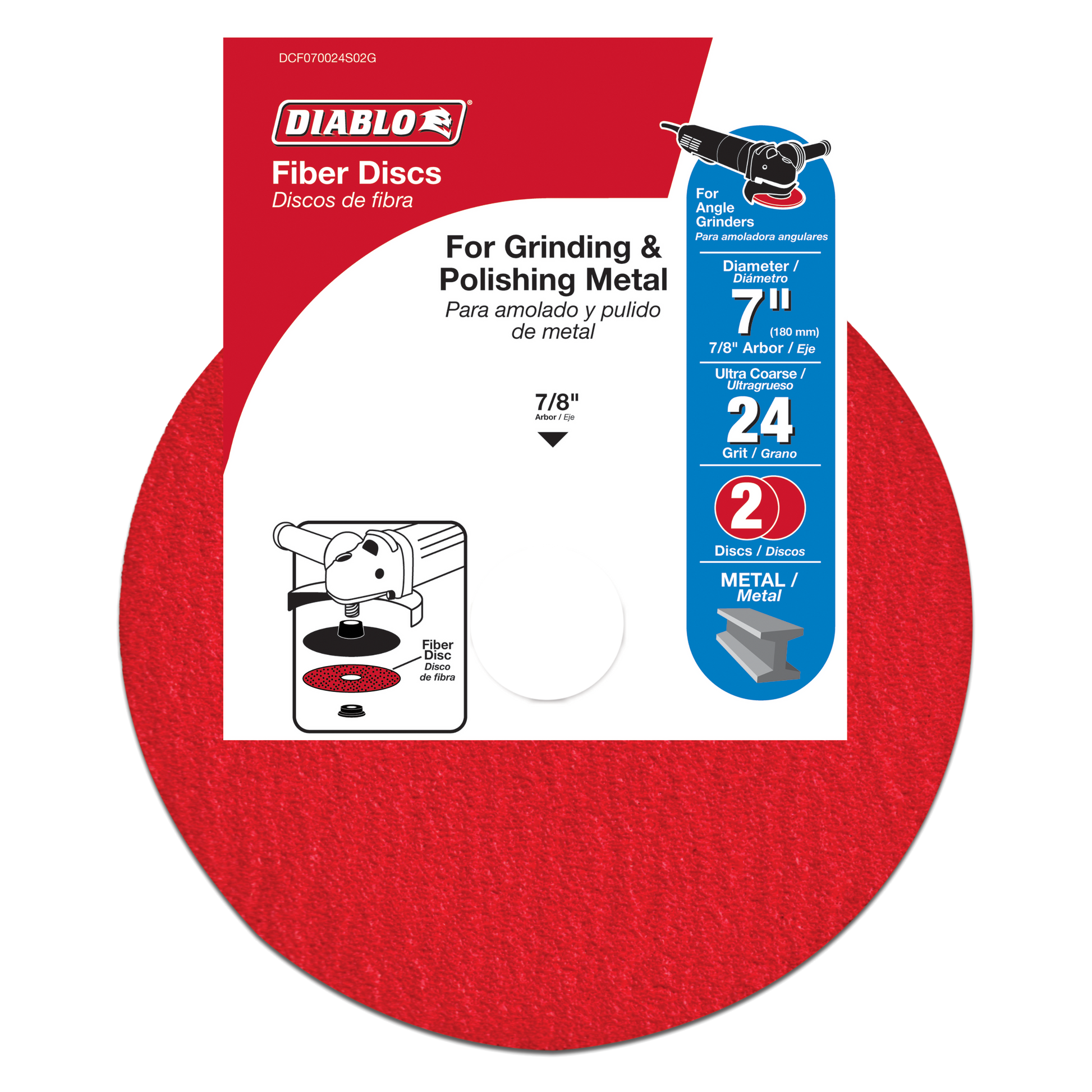 Two red 7-inch fiber discs with 24-grit aluminum oxide surface in Diablo packaging.