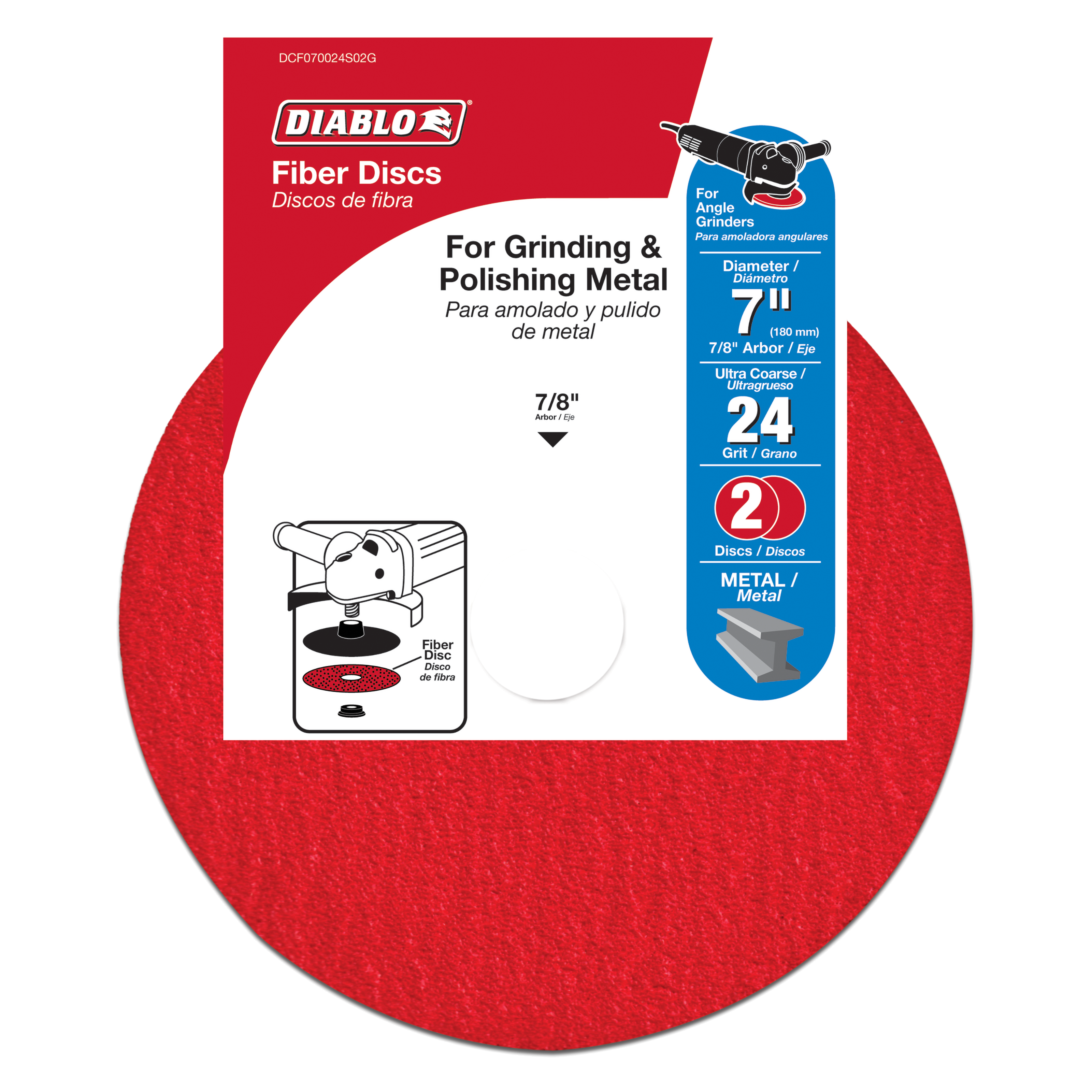 Two red 7-inch fiber discs with 24-grit aluminum oxide surface in Diablo packaging.