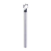 Silver Forstner bit with gray cutting head and cylindrical metal shaft on white background.