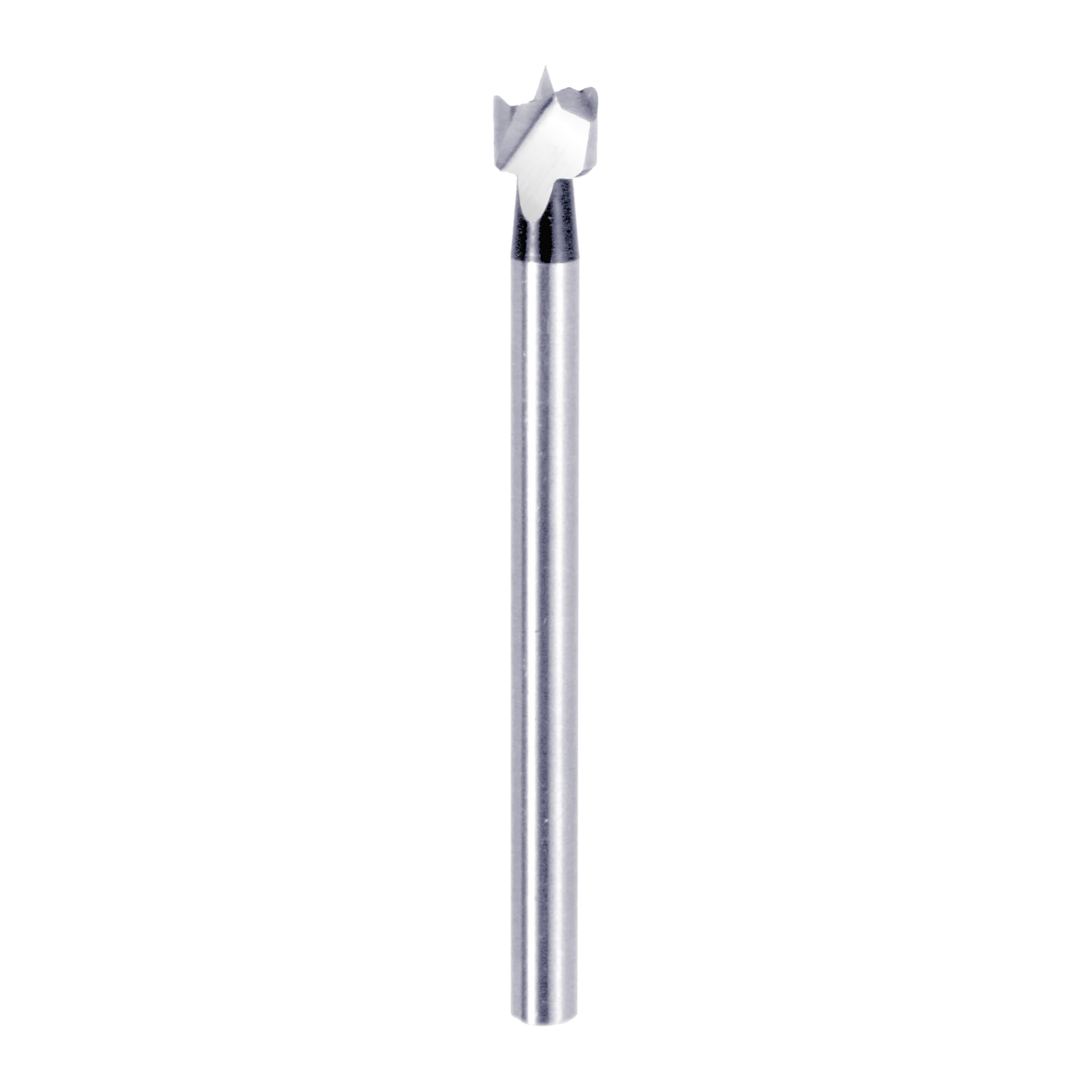 Silver Forstner bit with gray cutting head and cylindrical metal shaft on white background.