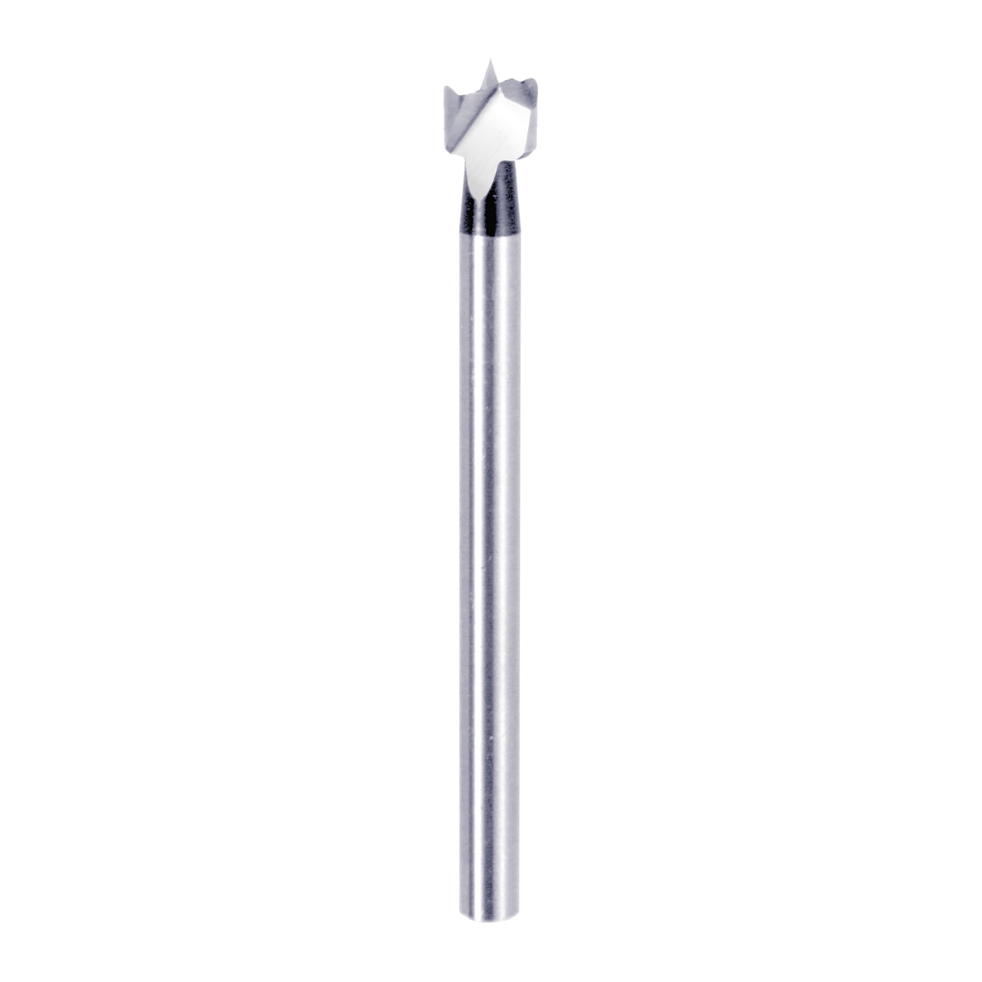 Silver Forstner bit with gray cutting head and cylindrical metal shaft on white background.