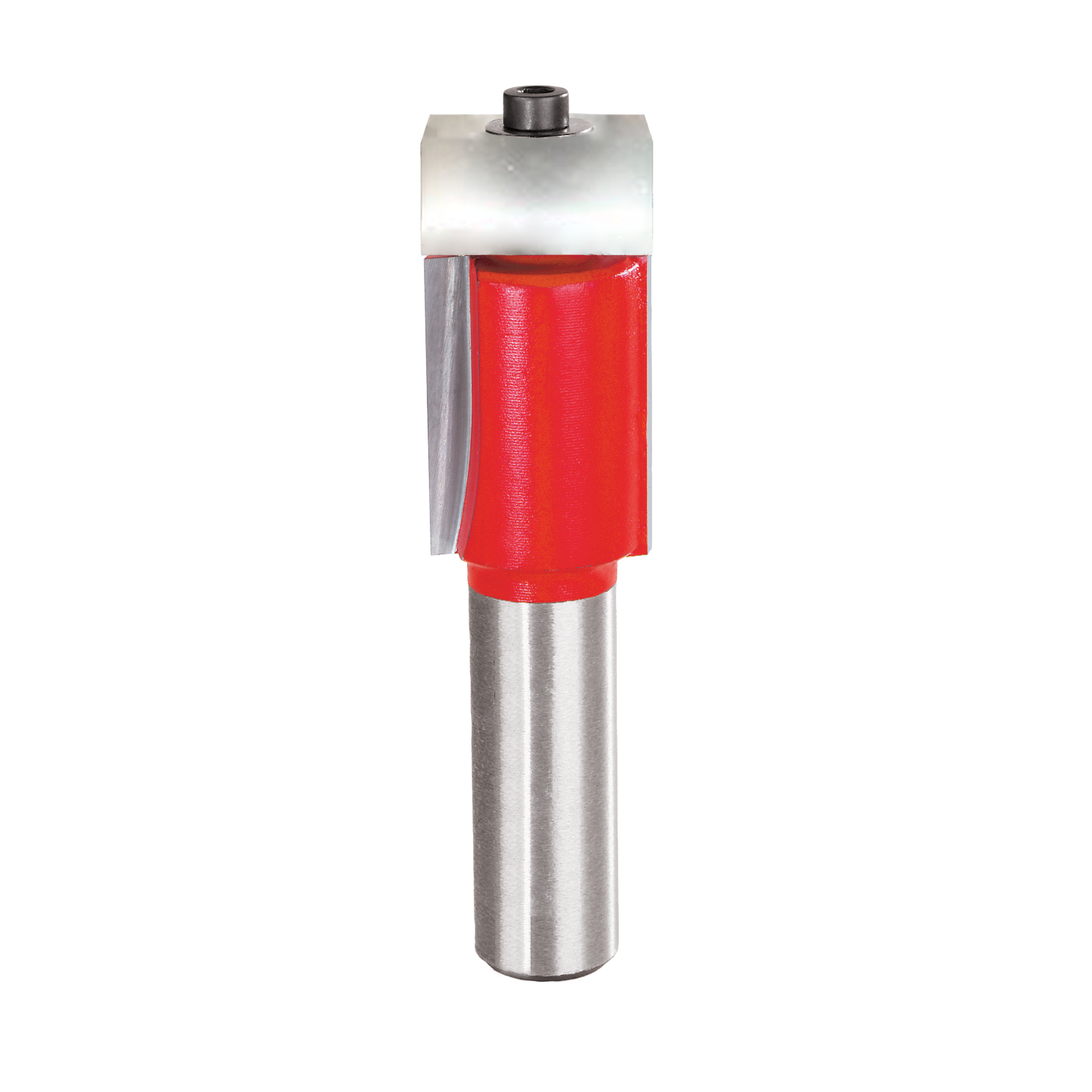 Router bit with red cutting head, silver metal shaft, bearing guide at top, and white collar.