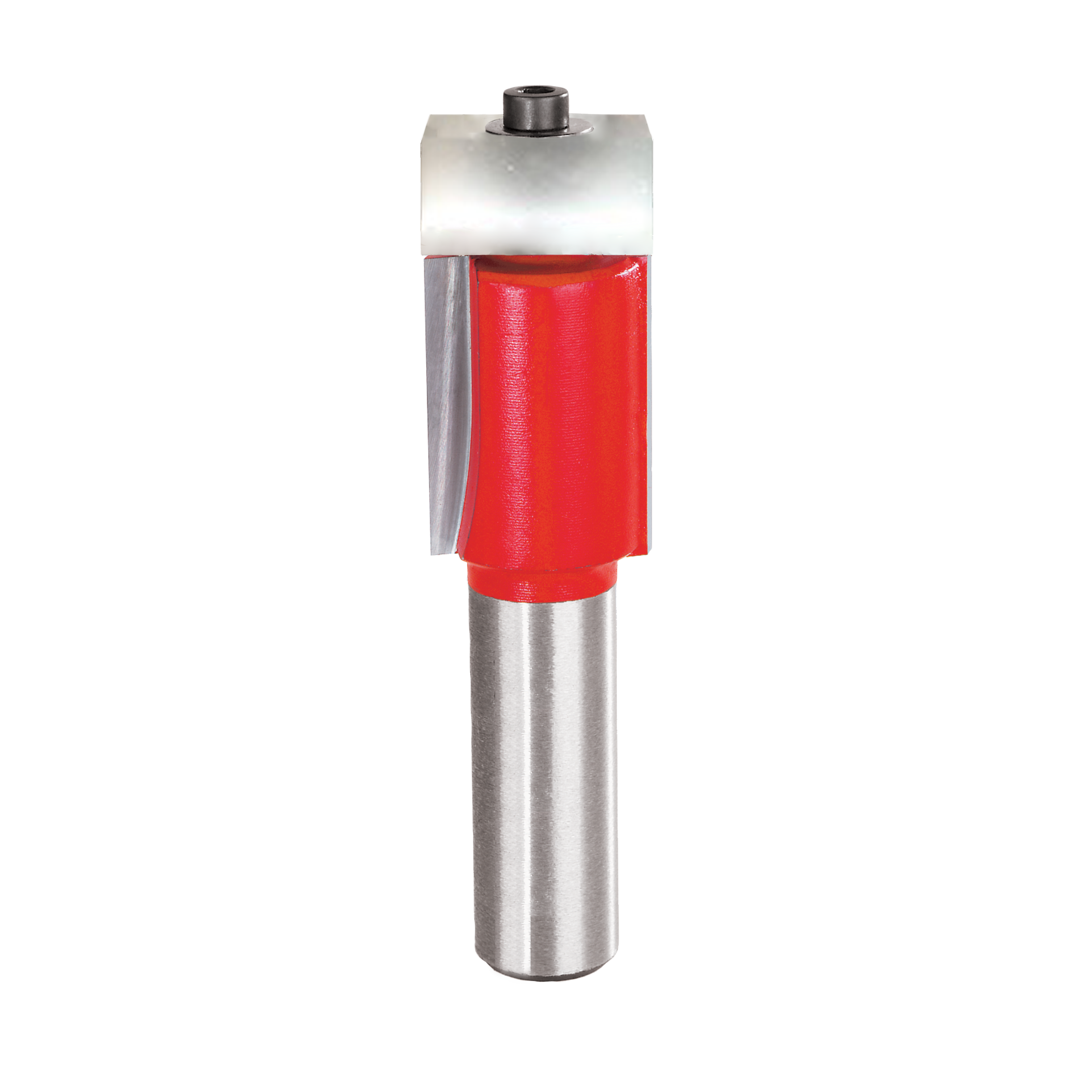 Router bit with red cutting head, silver metal shaft, bearing guide at top, and white collar.