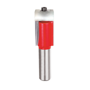 Router bit with red cutting head, silver metal shaft, and bearing assembly at top.