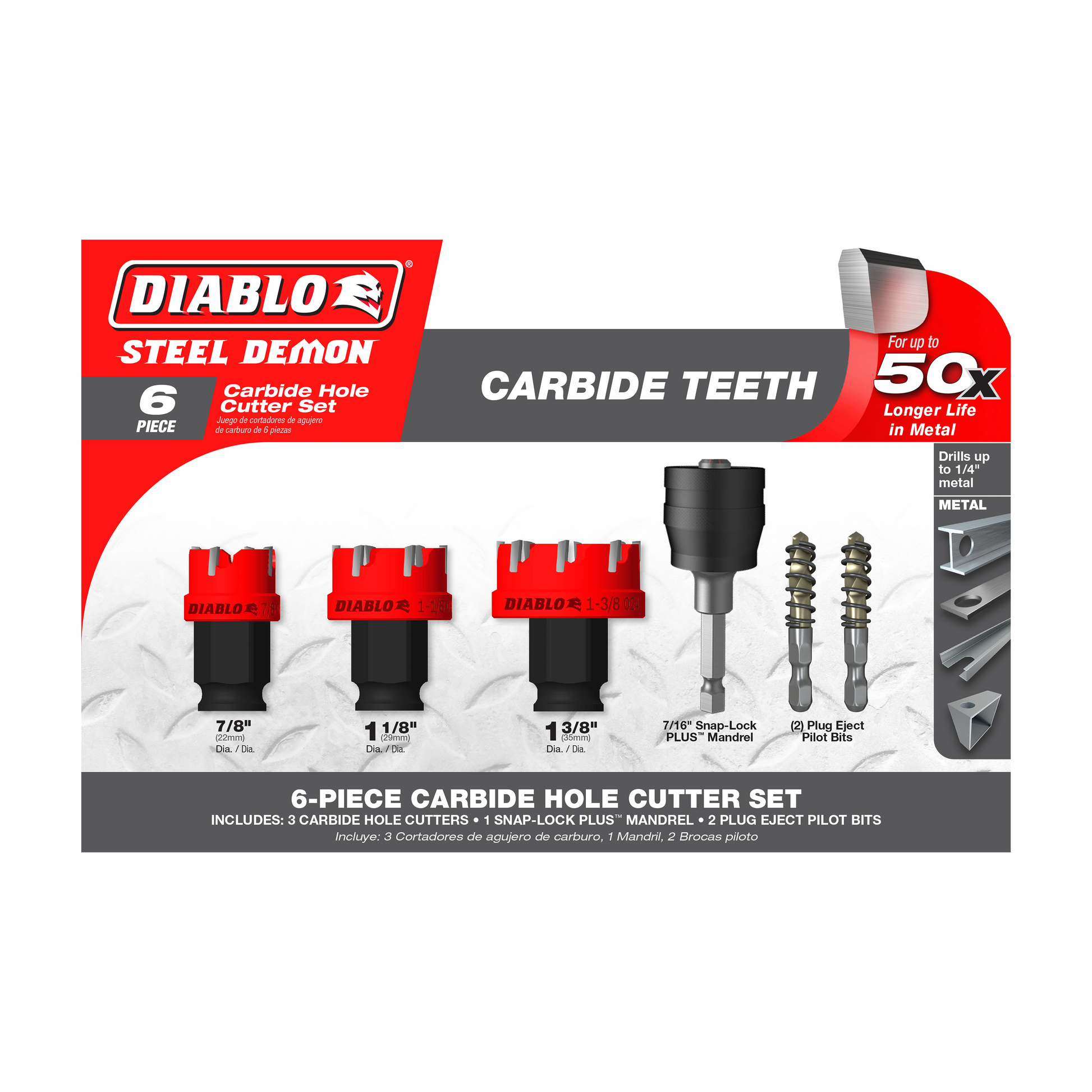 Six-piece Diablo Steel Demon carbide hole cutter set including three hole cutters, snap-lock mandrel, and two pilot bits.