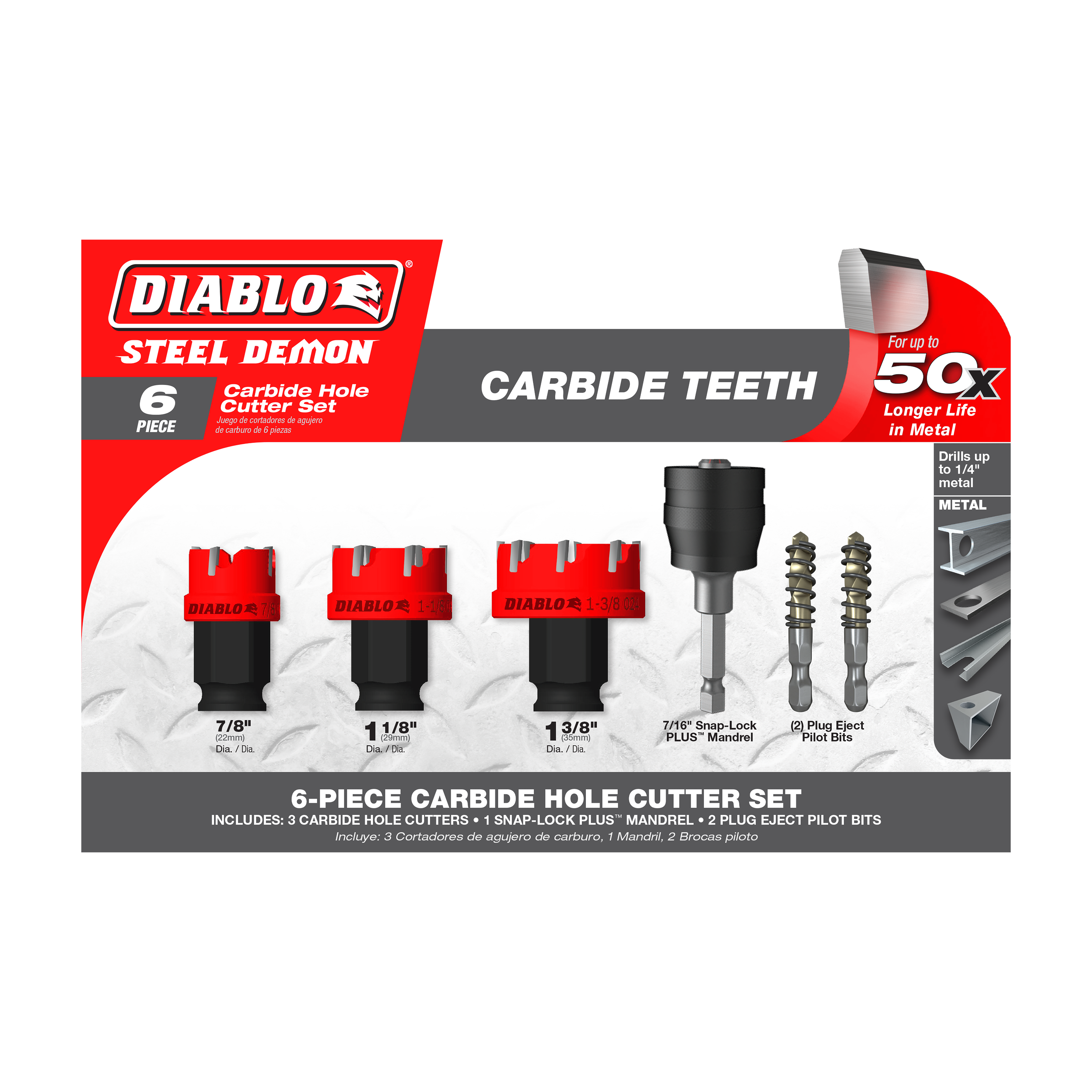 Six-piece Diablo Steel Demon carbide hole cutter set including three hole cutters, snap-lock mandrel, and two pilot bits.