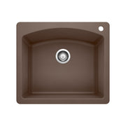 Cafe brown single bowl drop-in kitchen sink with chrome drain strainer and rounded corners.