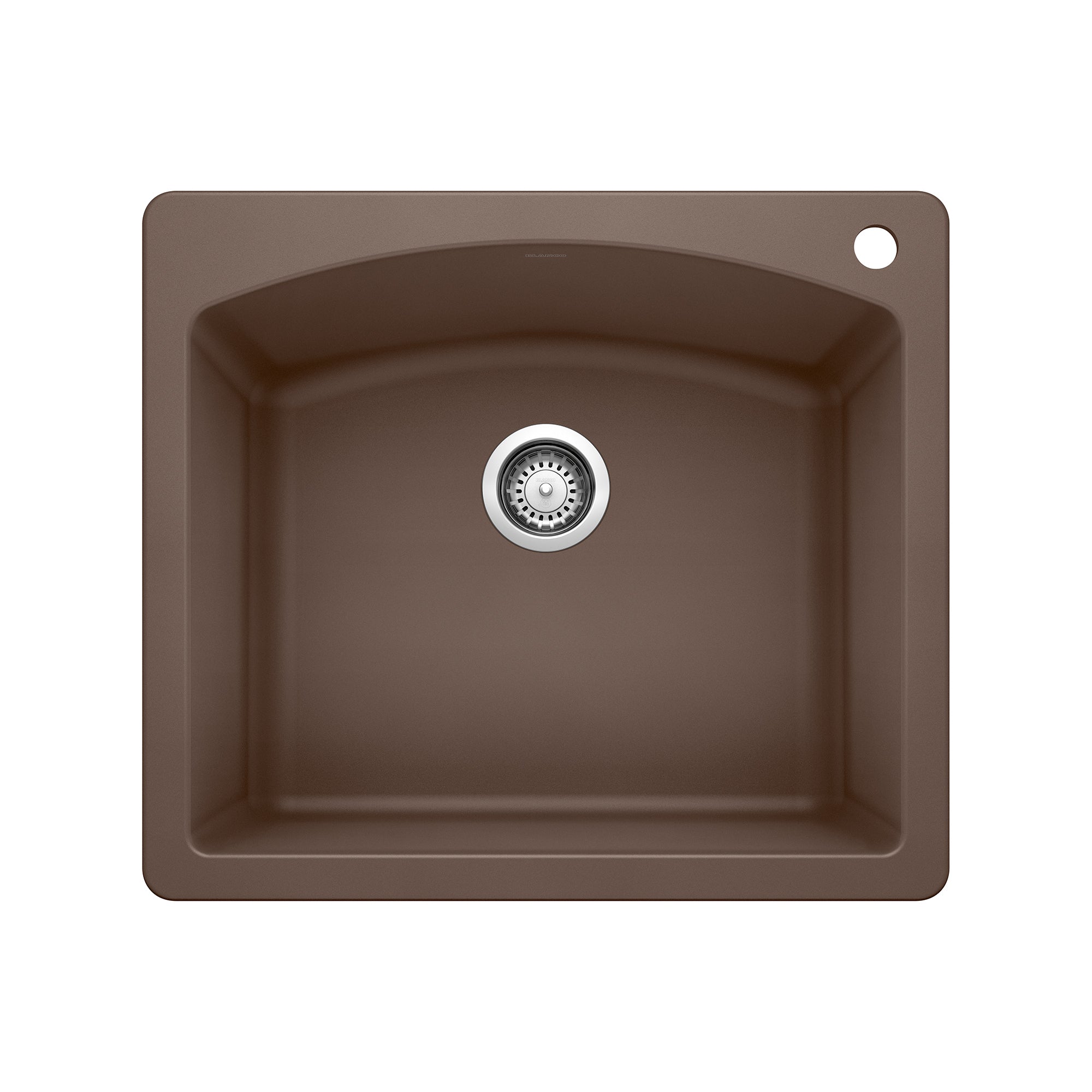Cafe brown single bowl drop-in kitchen sink with chrome drain strainer and rounded corners.