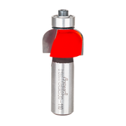 Router bit with red cove cutting head and silver metal shank marked "Freud 30-110."