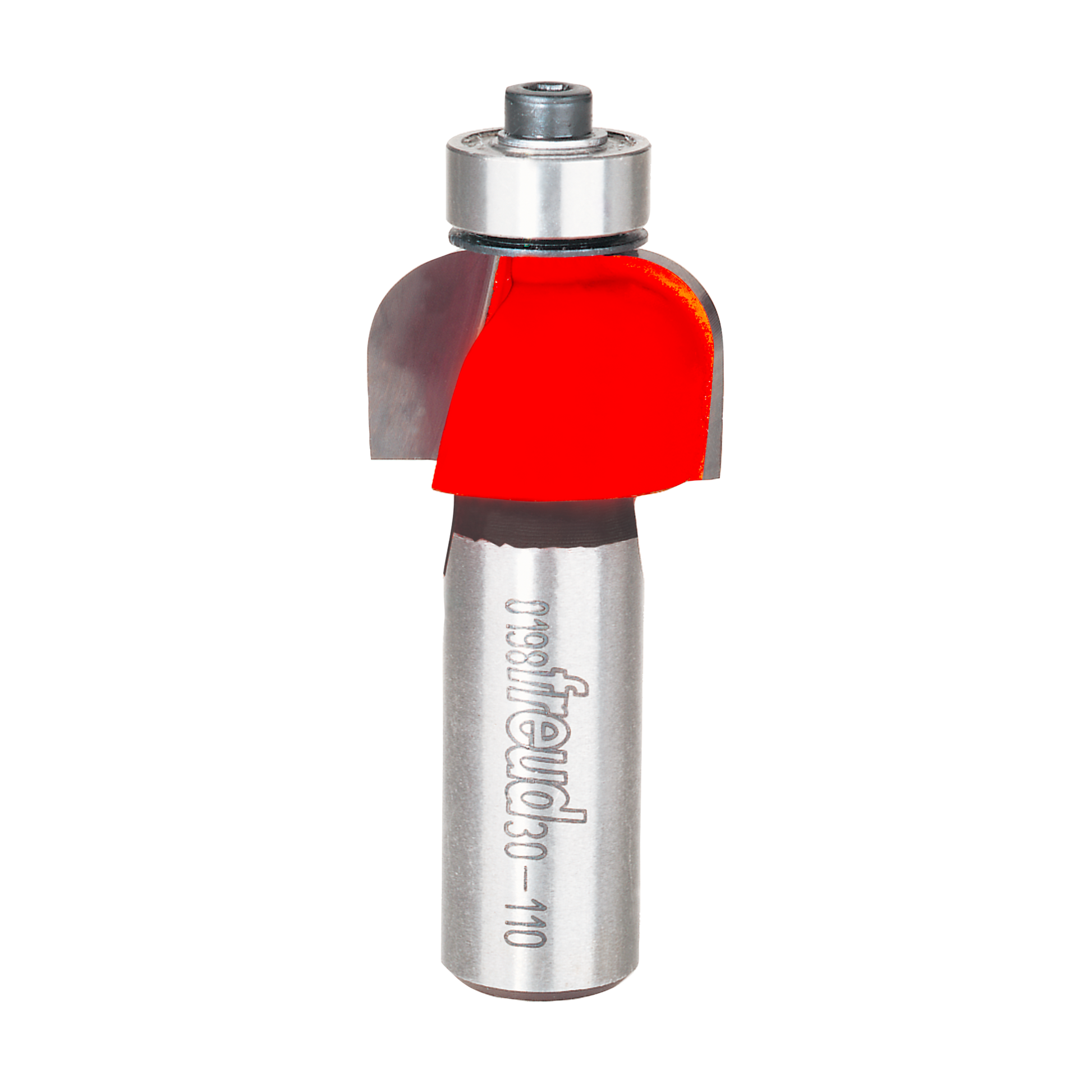 Router bit with red cove cutting head and silver metal shank marked "Freud 30-110."
