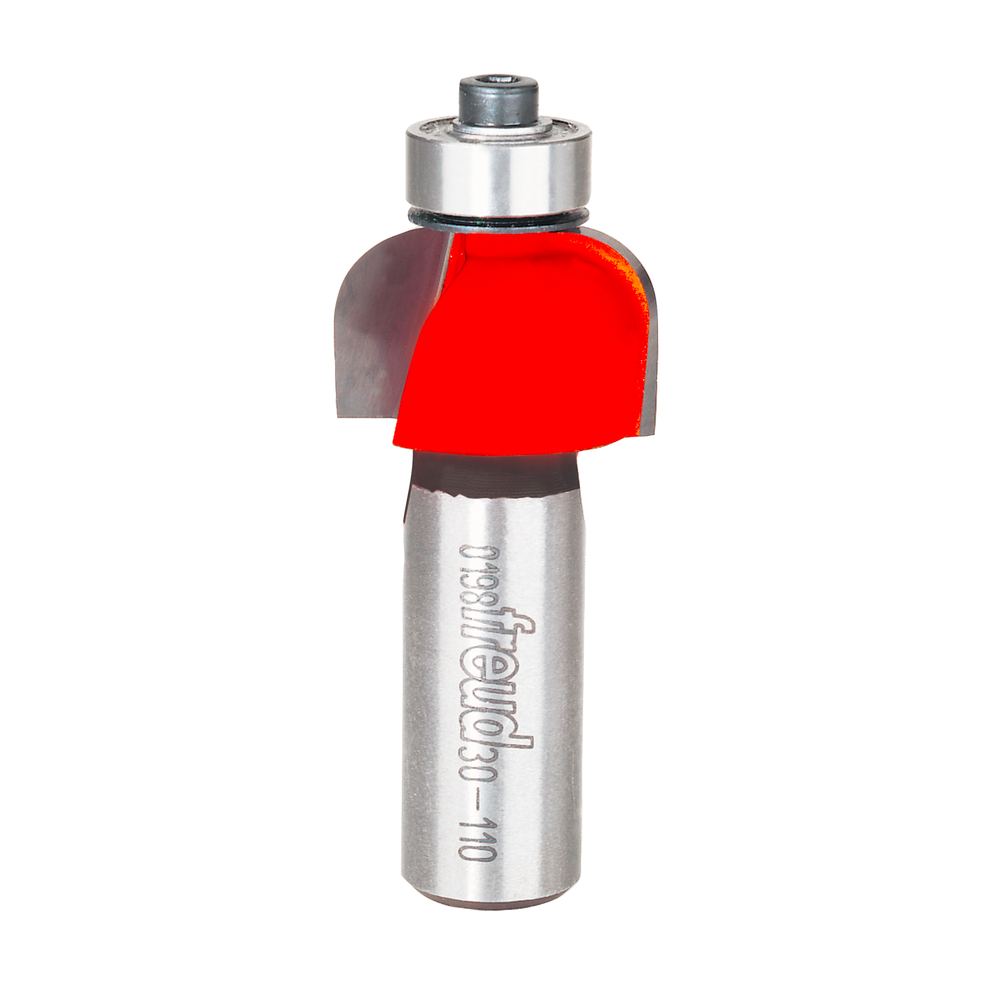 Router bit with red cove cutting head and silver metal shank marked "Freud 30-110."
