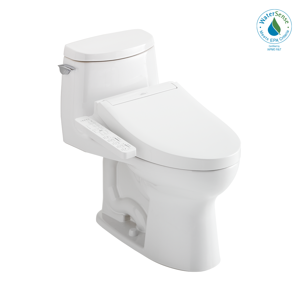 White elongated one-piece toilet with integrated bidet seat attachment and control panel on right side.