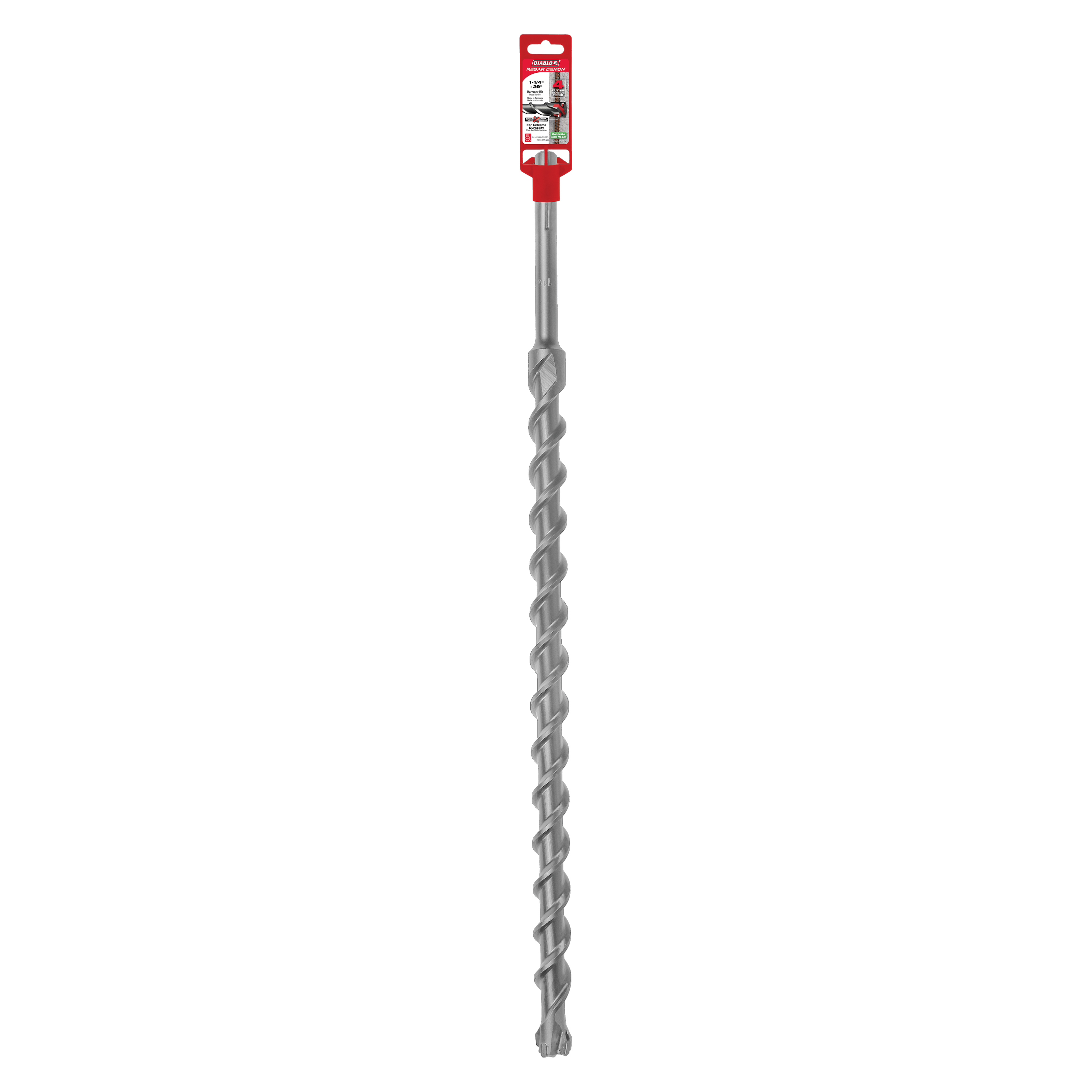 Long gray SDS-Max hammer drill bit with spiral flutes and red packaging label at top.
