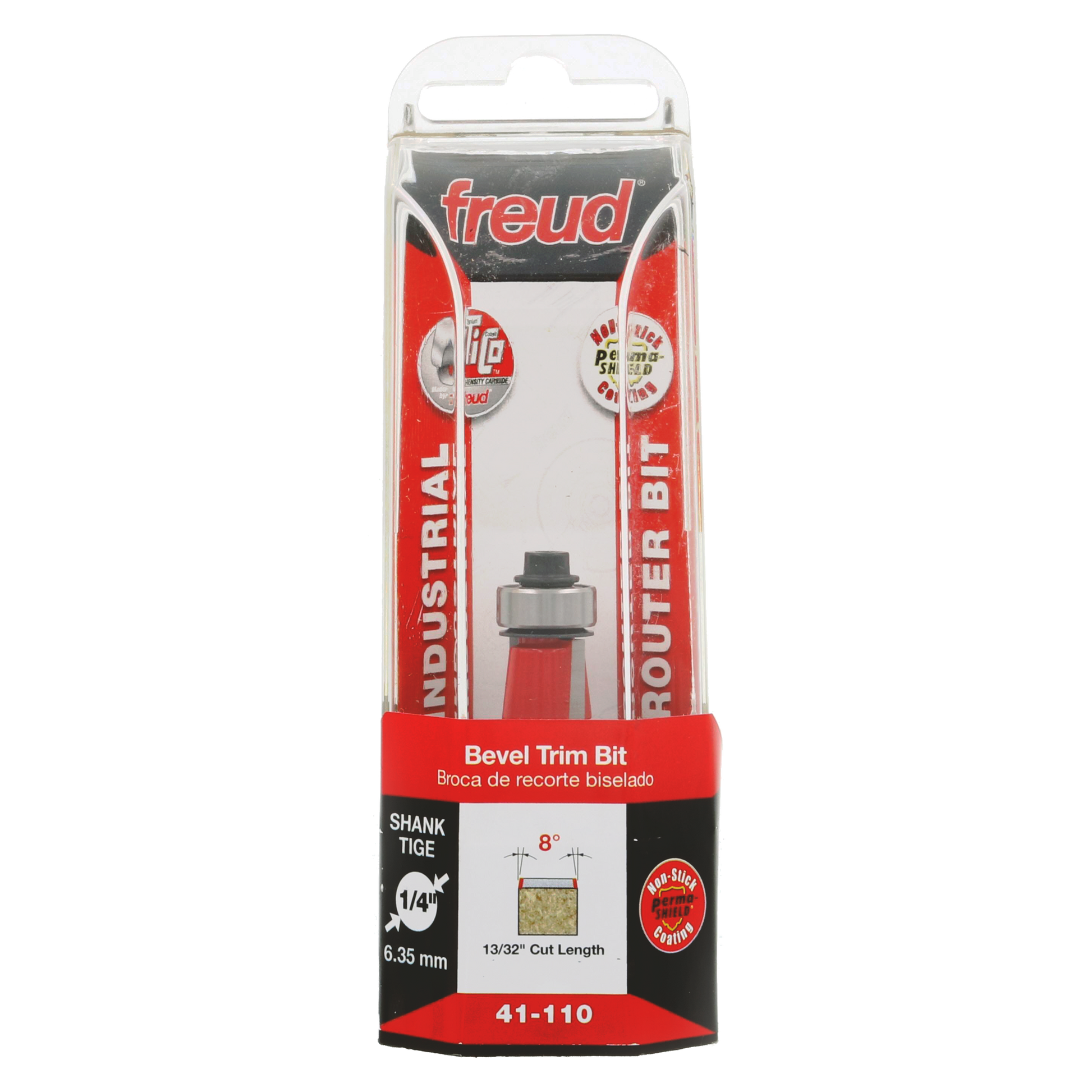 Freud 41-110 bevel trim bit with red housing, 1/4" shank, and roller guide in clear plastic packaging.