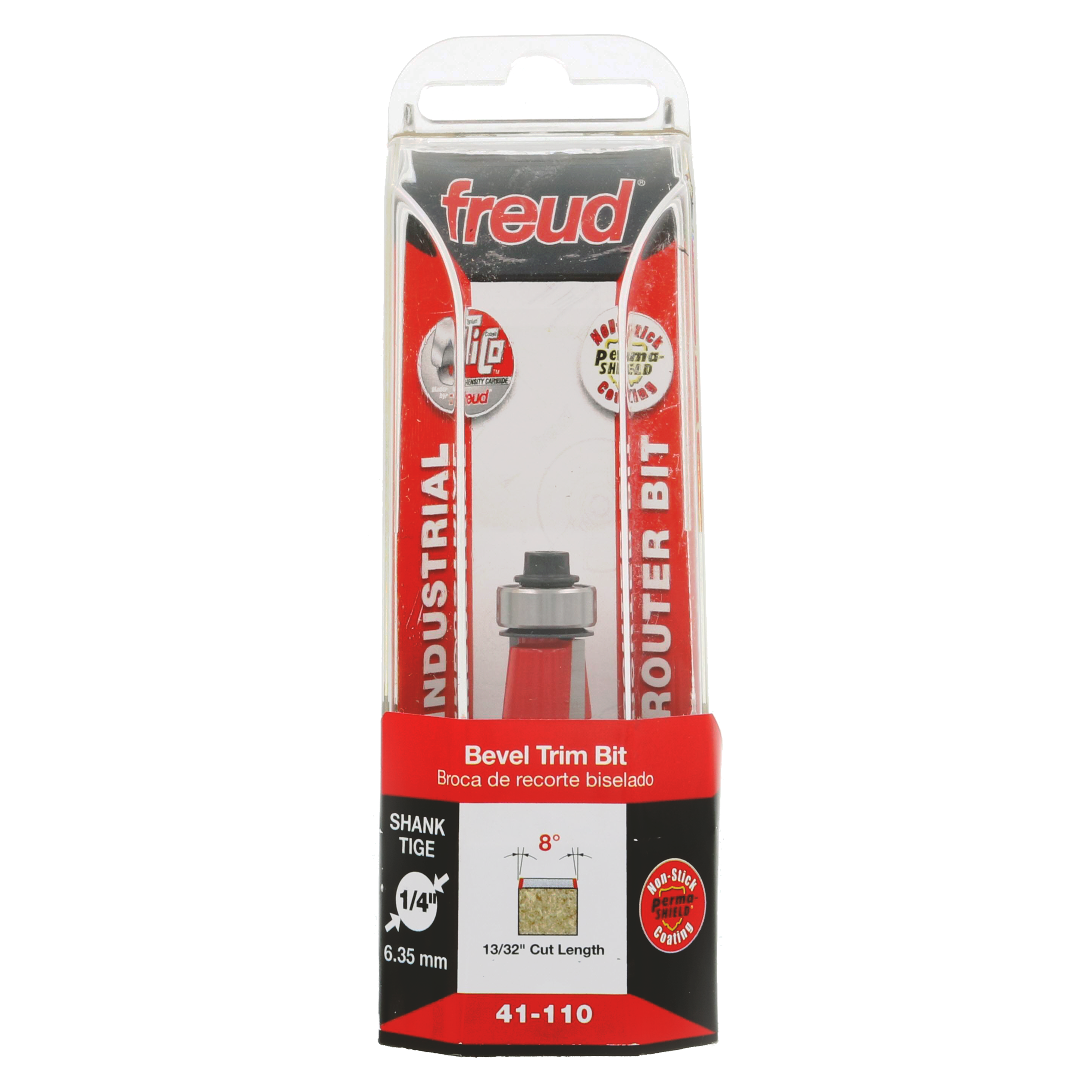Freud 41-110 bevel trim bit with red housing, 1/4" shank, and roller guide in clear plastic packaging.