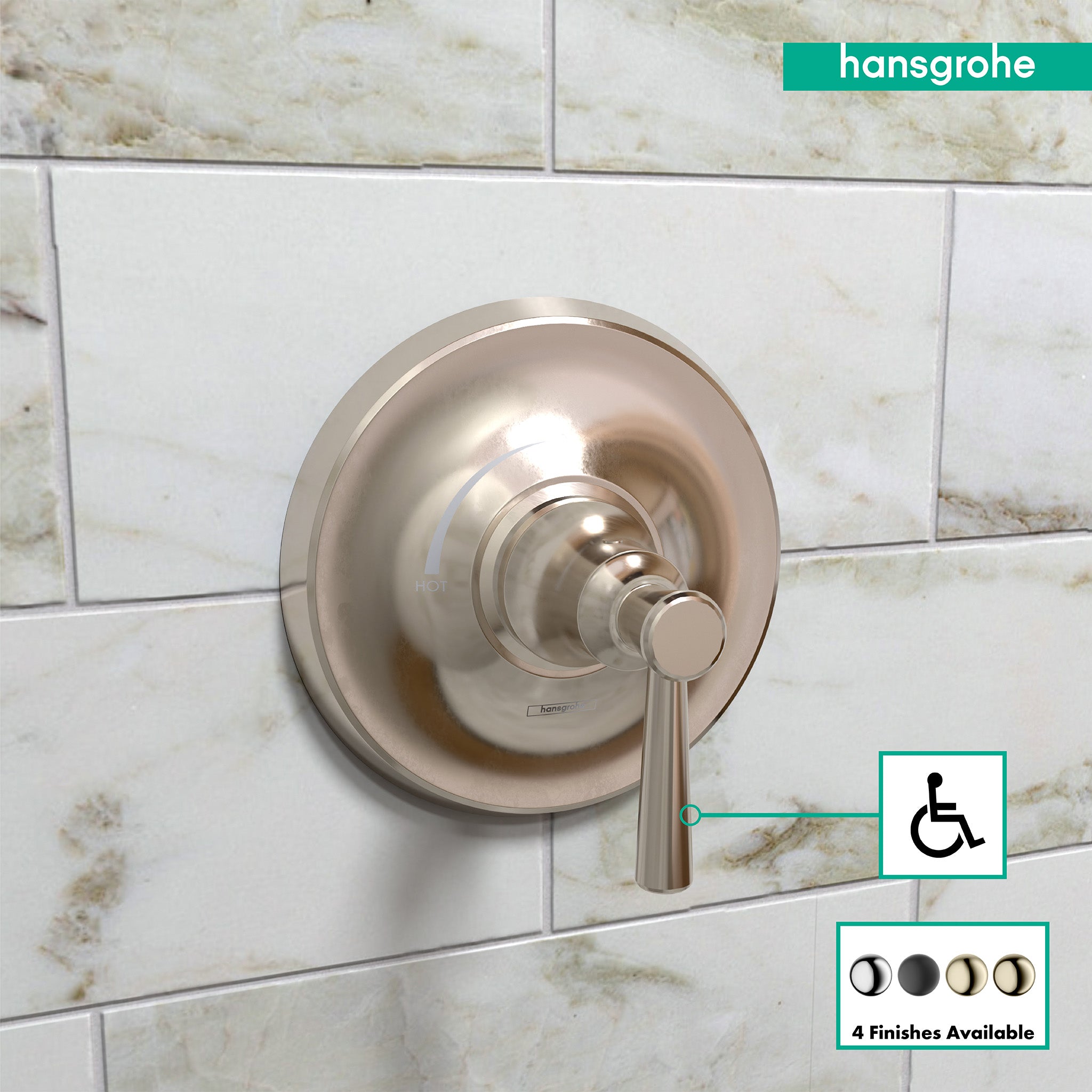 Polished nickel pressure balance shower valve trim with round escutcheon and lever handle mounted on marble subway tile.