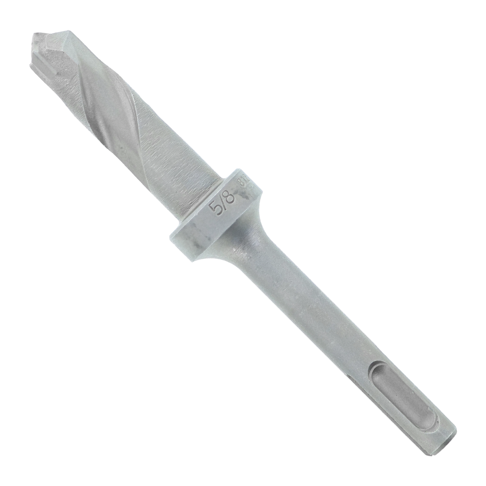 Gray SDS-Plus masonry drill bit with two flutes and 5/8 inch diameter marking on the collar.