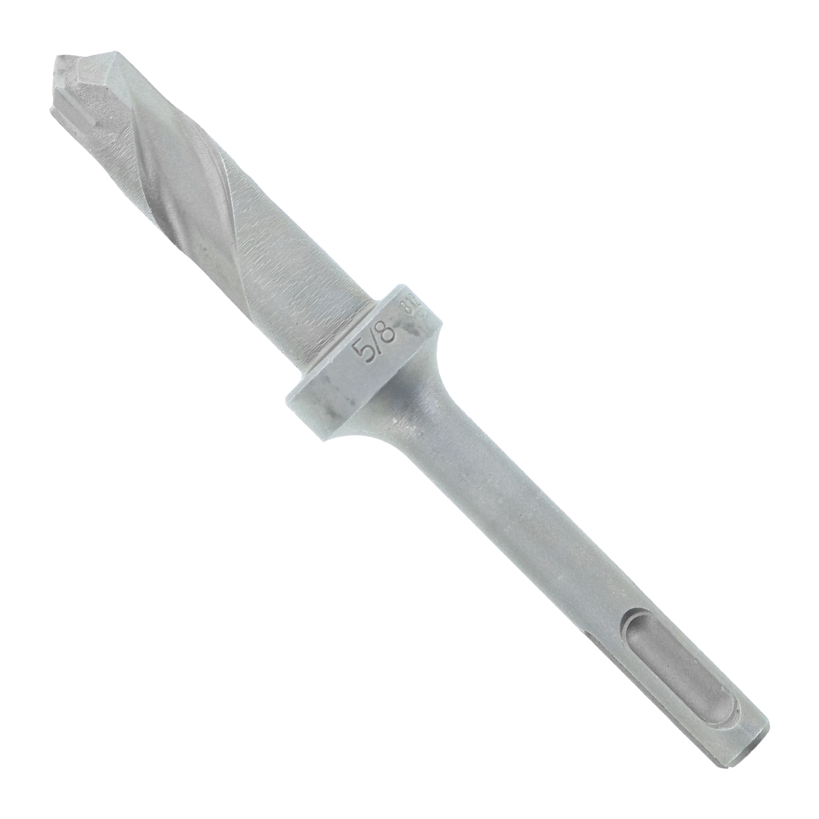 Gray SDS-Plus masonry drill bit with two flutes and 5/8 inch diameter marking on the collar.