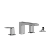 Polished chrome two-handle roman tub filler with deck mount spout and matching handshower on white background.