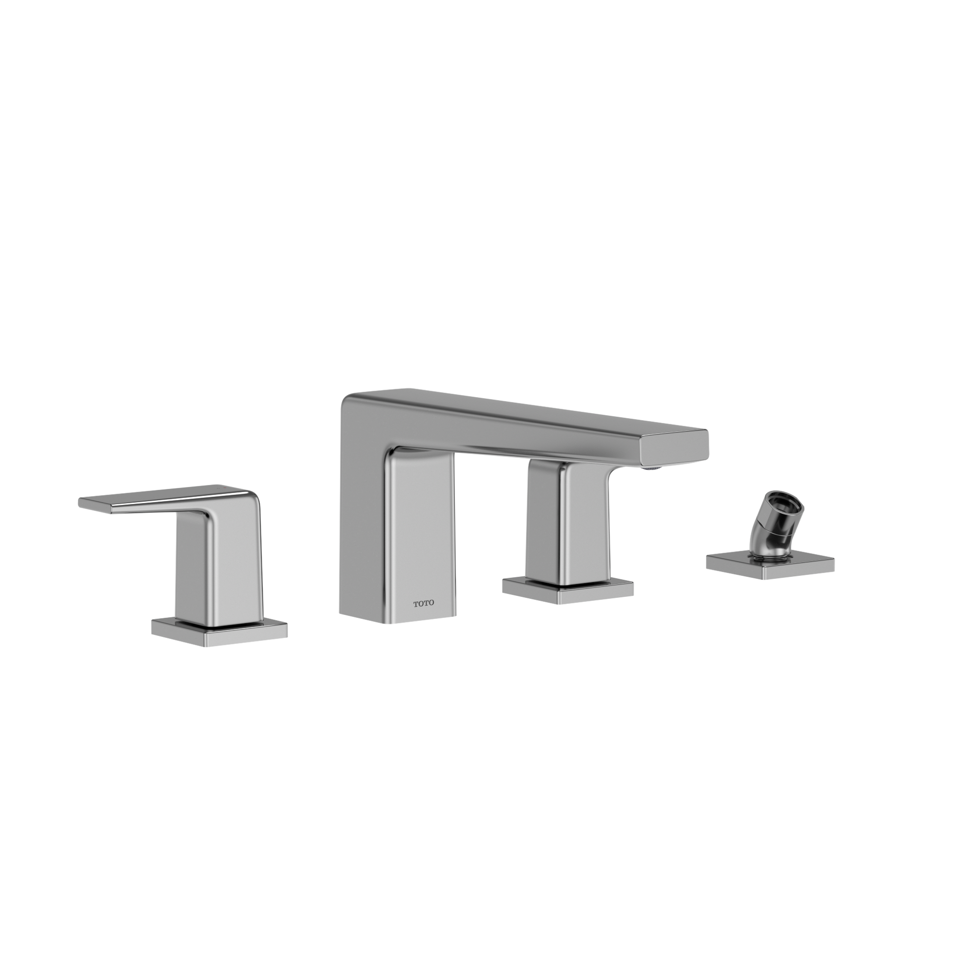 Polished chrome two-handle roman tub filler with deck mount spout and matching handshower on white background.