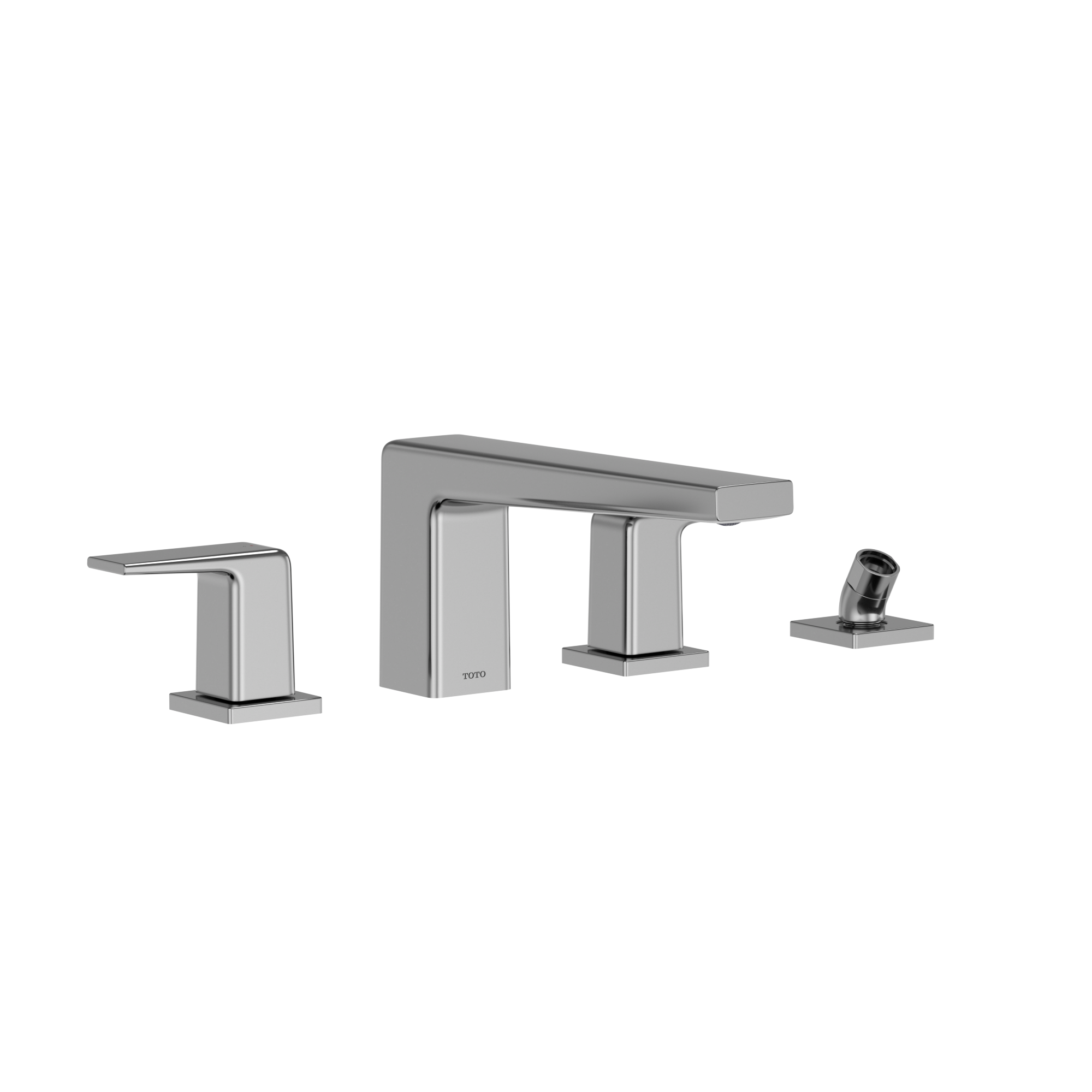 Polished chrome two-handle roman tub filler with deck mount spout and matching handshower on white background.